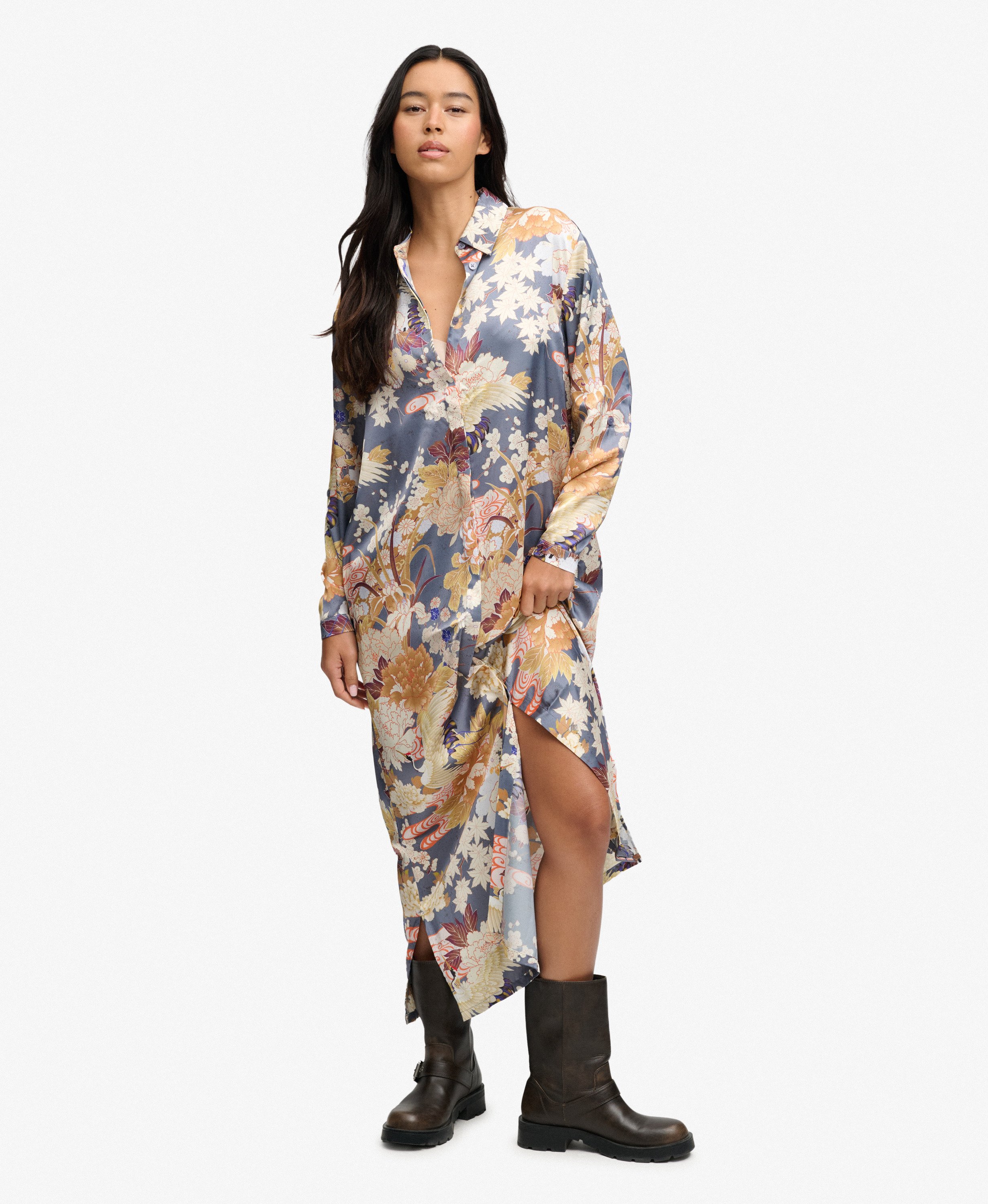 Robe Chemise Maxi Florale Satin coupe oversize, SUPERDRY