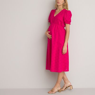 Broderie Anglaise Maternity Dress in Cotton with Puff Sleeves LA REDOUTE COLLECTIONS
