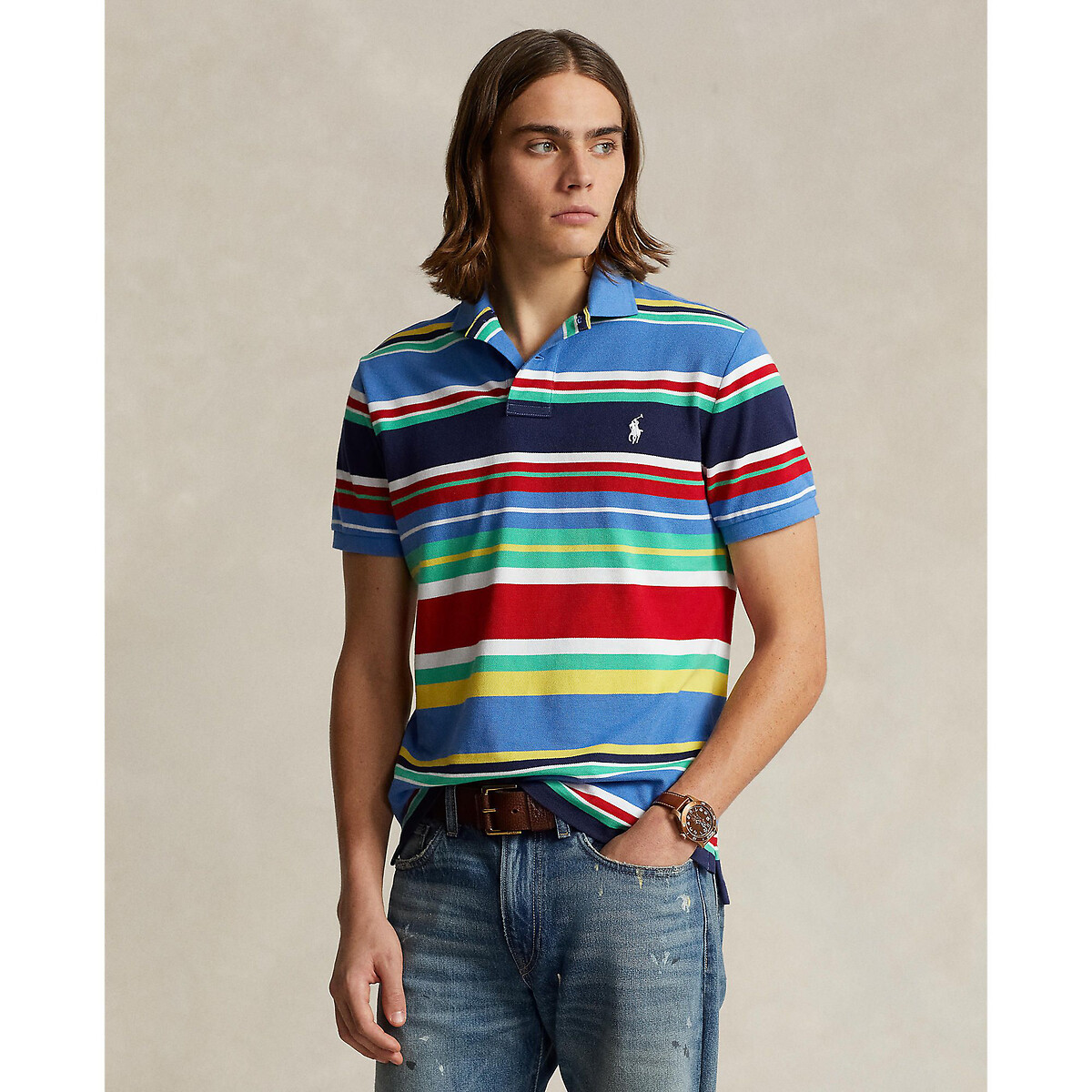Image of Striped Custom Polo Shirt in Cotton and Slim Fit