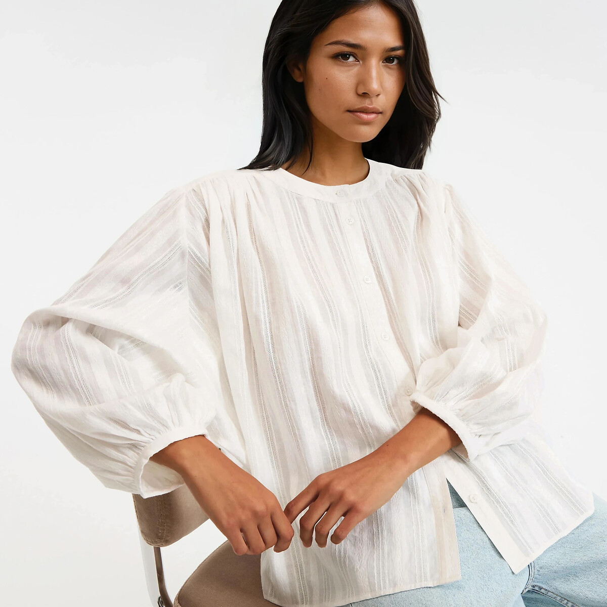 Oversized Mandarin Collar Shirt with 3/4 Length Sleeves, LA REDOUTE COLLECTIONS