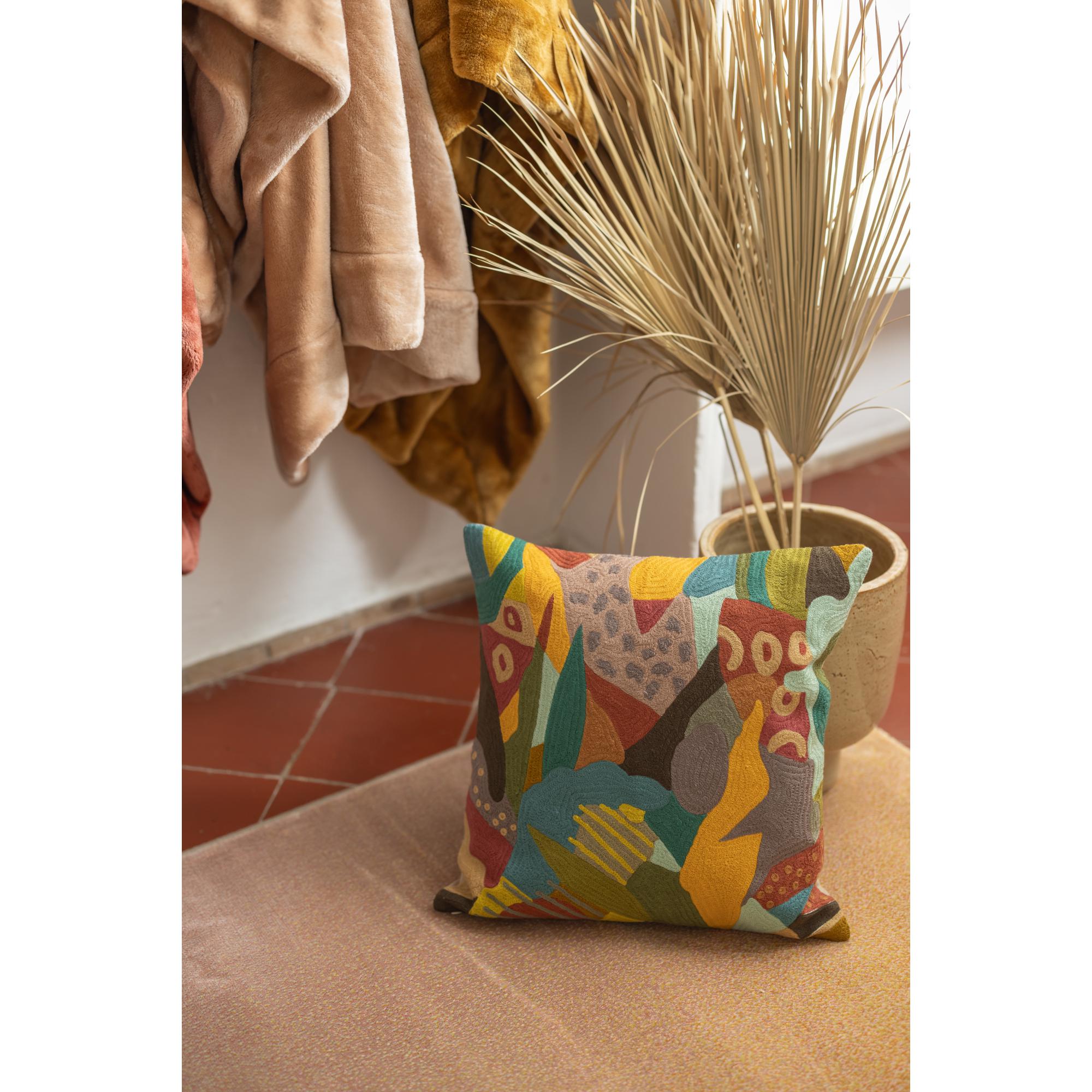 Vivaraise Coussin Brodé Betty 40x65 Cm - 100% Coton - Coloris Minéral - Recto Motifs Abstraits, Verso Chambray