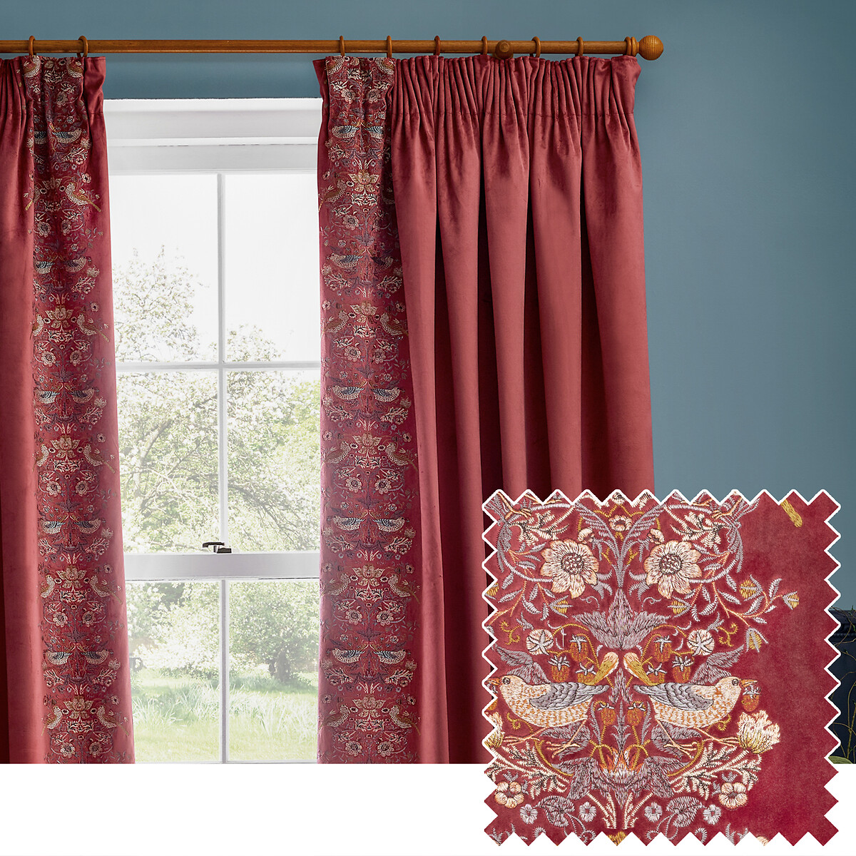 Strawberry Thief Embroidered Pencil Pleat Curtains, MORRIS & CO.