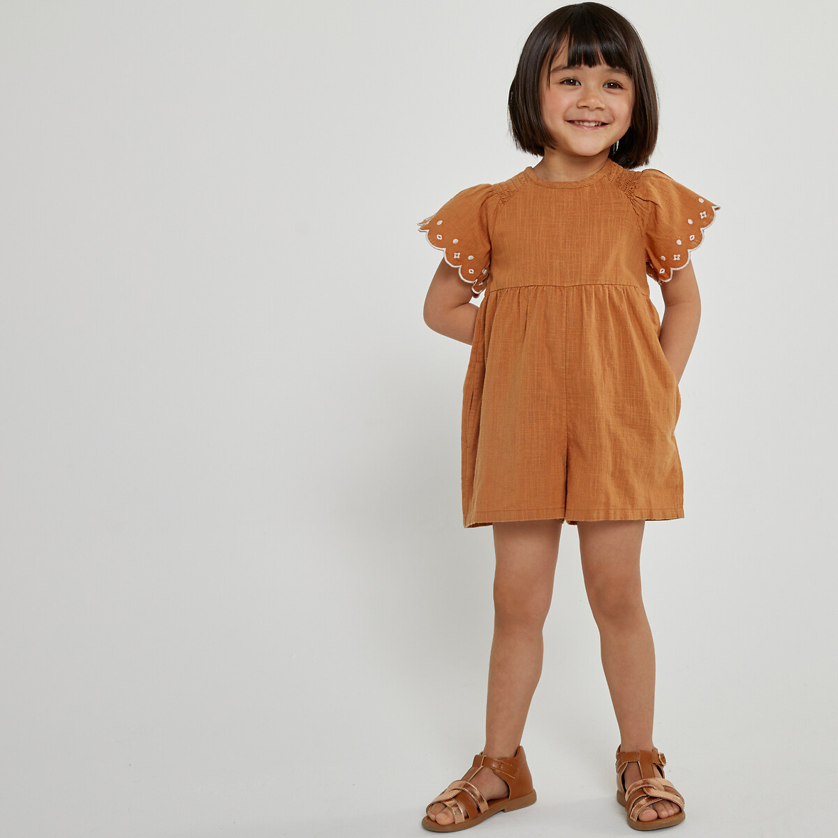 Cotton Playsuit With Embroidered Ruffled Sleeves Camel La Redoute Collections La Redoute 9762