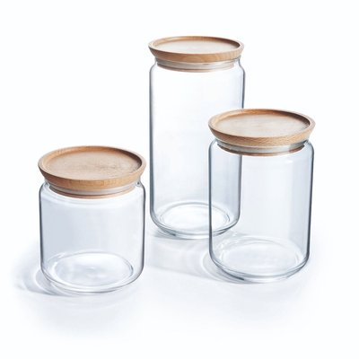 Lot de 3 pots de conservation Pure Jar Wood - Luminarc - En verre avec couvercle hermétique bois - 1,5L + 1L + 0,75L LUMINARC