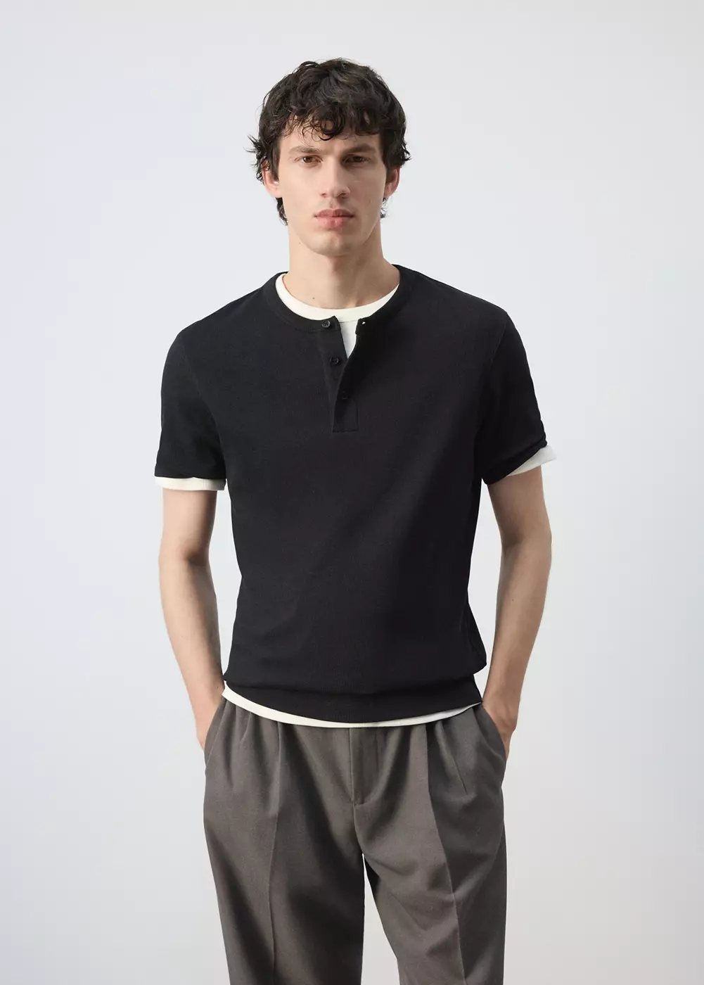 T-shirt en coton côtelé à col rond style boulanger, MANGO MAN