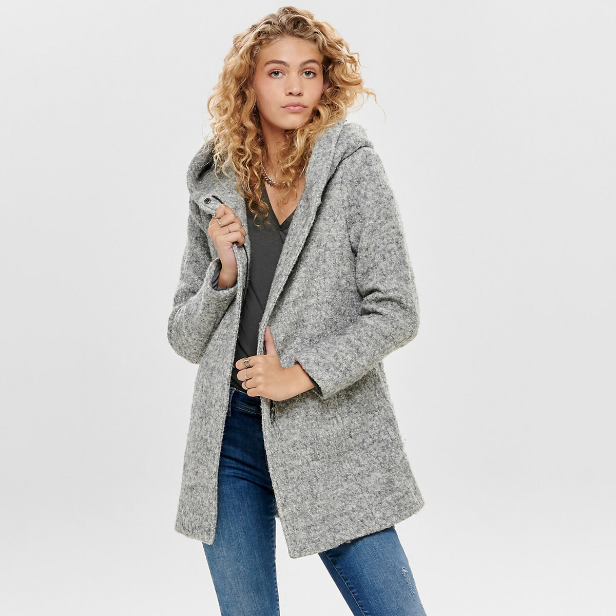 Image of Hooded Mid-Length Coat in Boucl?