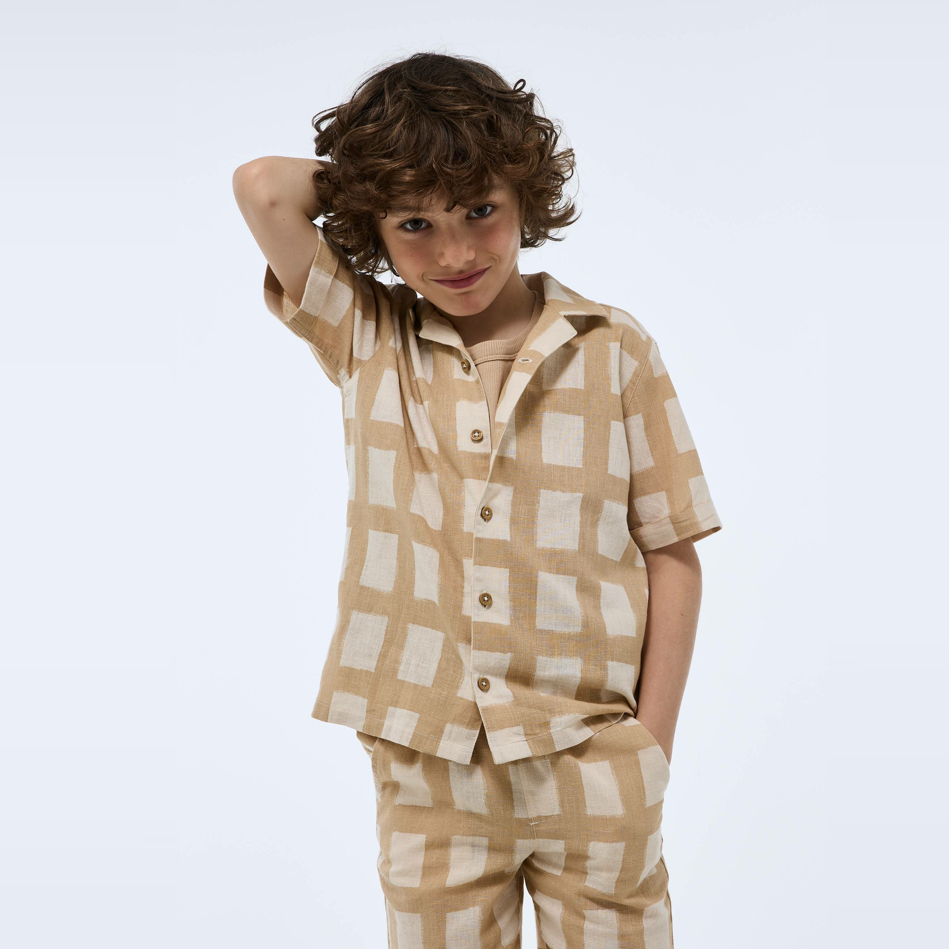 Chemise manches courtes à carreaux en lin et coton, MONOPRIX