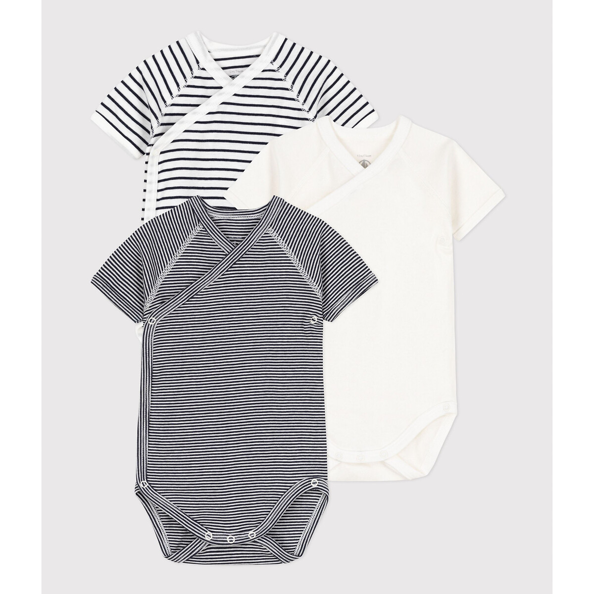 Pack of 3 wrapover bodysuits in cotton with short sleeves, white + navy, Petit  Bateau