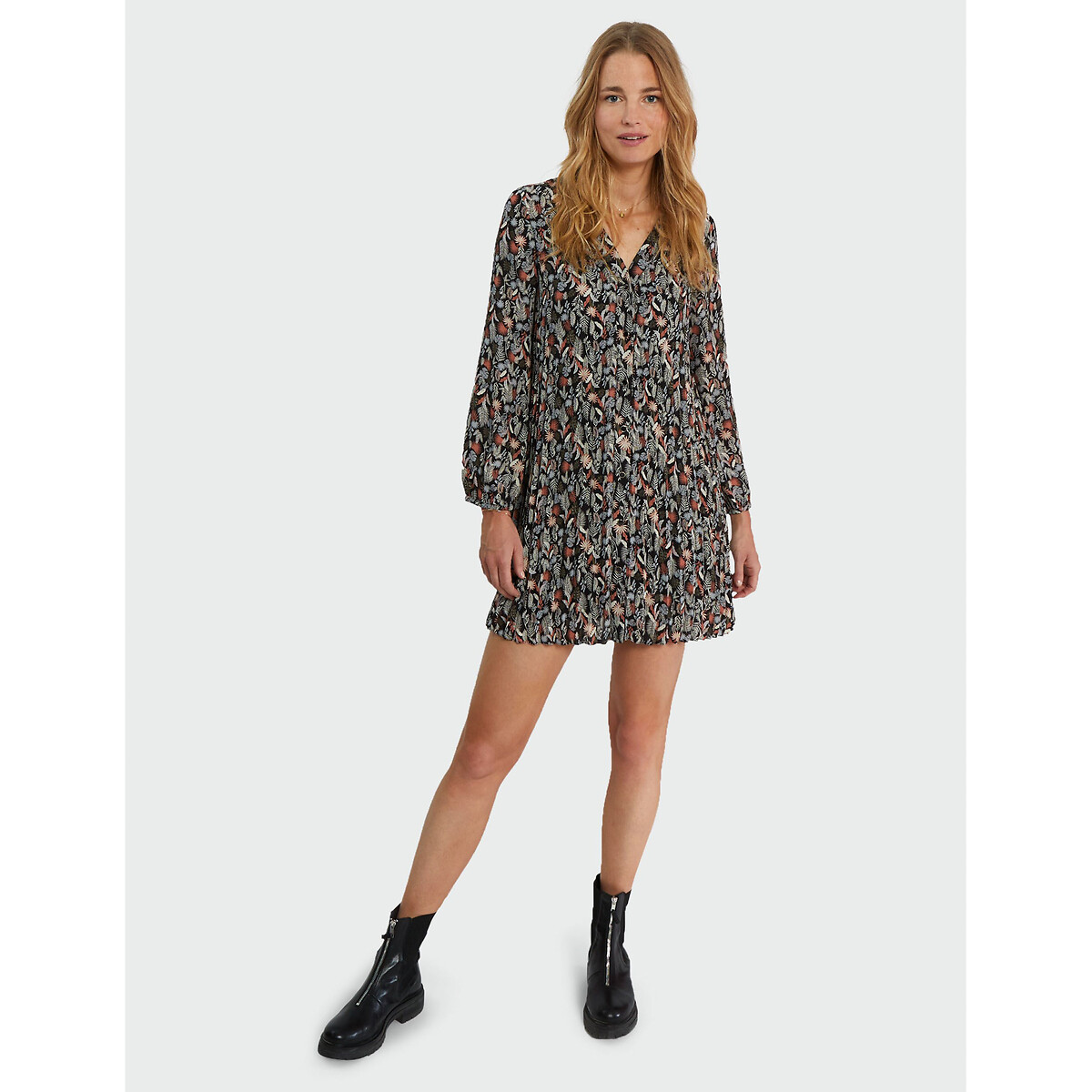 Printed V-Neck Mini Dress with Long Sleeves