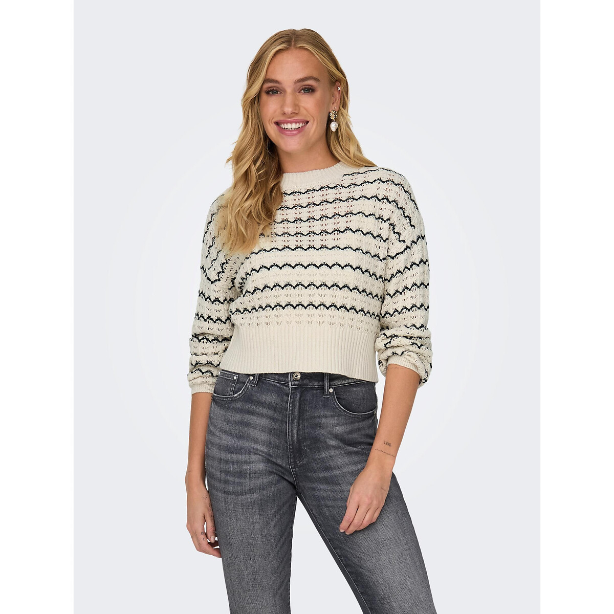 Striped Cotton Mix Jumper in Fine Knit with Crew Neck