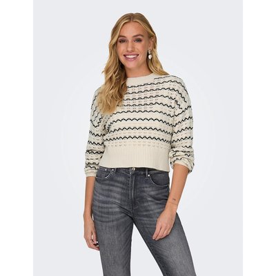 Striped Cotton Mix Jumper in Fine Knit with Crew Neck ONLY