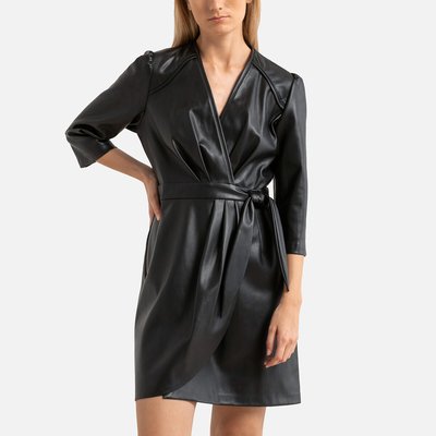 Cherry Recycled Wrapover Dress in Faux Leather SUNCOO