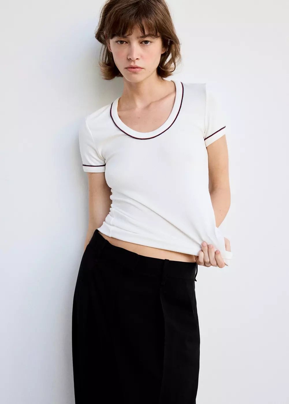 T-shirt maille côtelée liserés, MANGO
