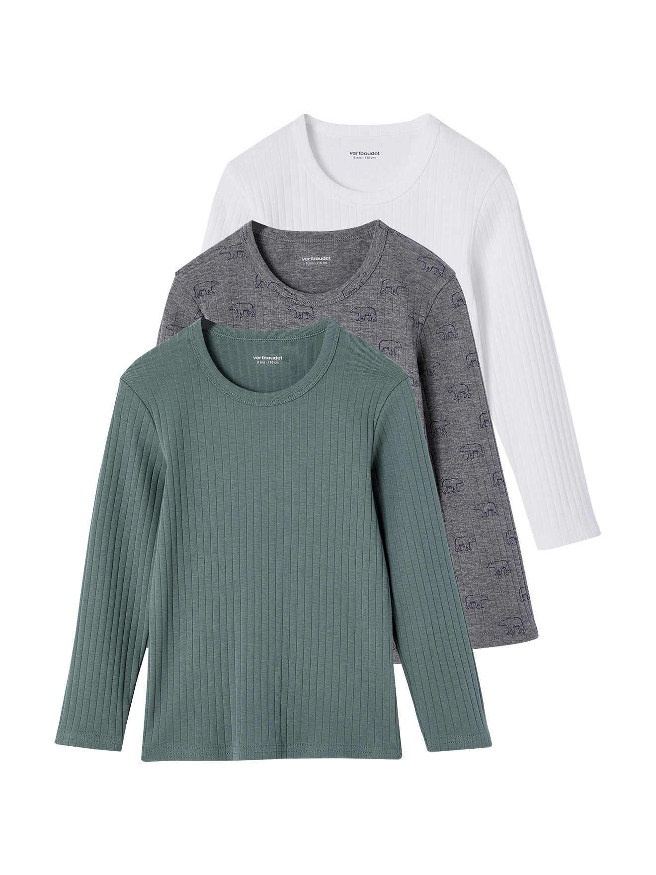 Lot de 3 tee-shirt à côtes manches longues, VERTBAUDET