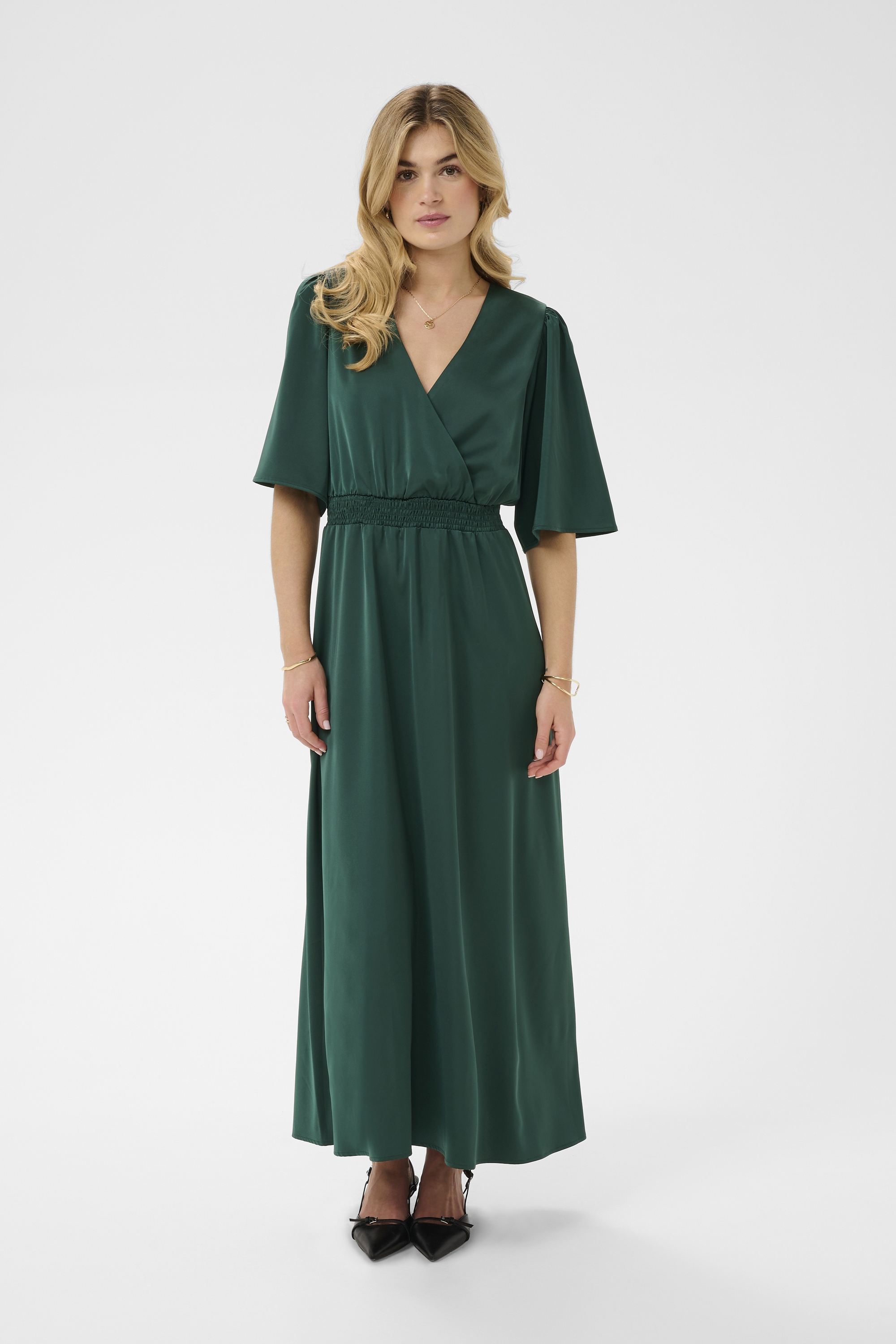 Robe longue col V effet portefeuille manches mi-longues, CREAM