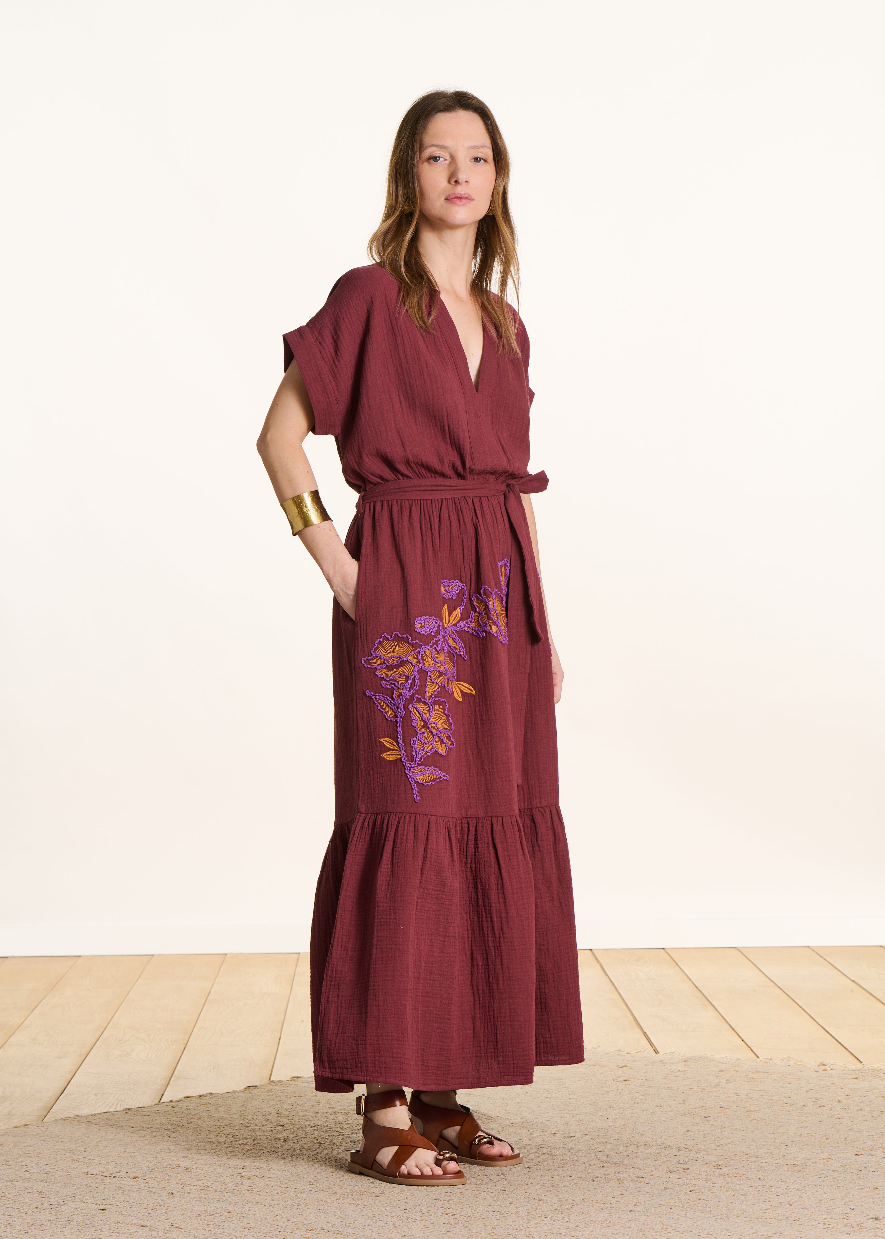 Robe longue en gaze de coton brodée manches courtes, LA FEE MARABOUTEE