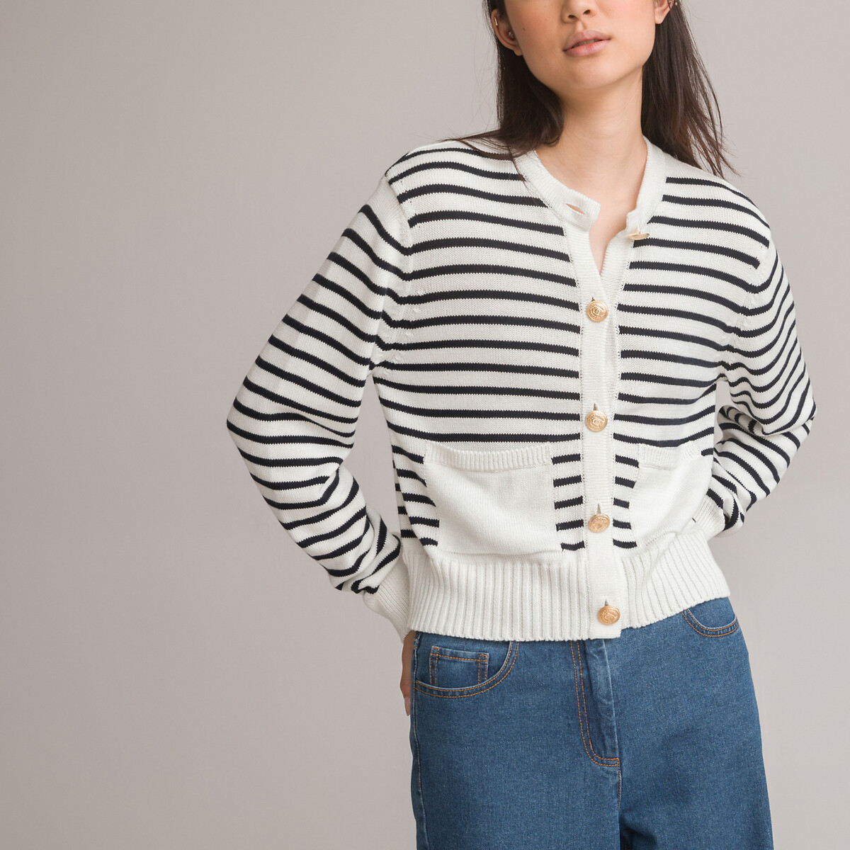 Breton striped buttoned cardigan in cotton mix, ivory / navy stripe, La ...