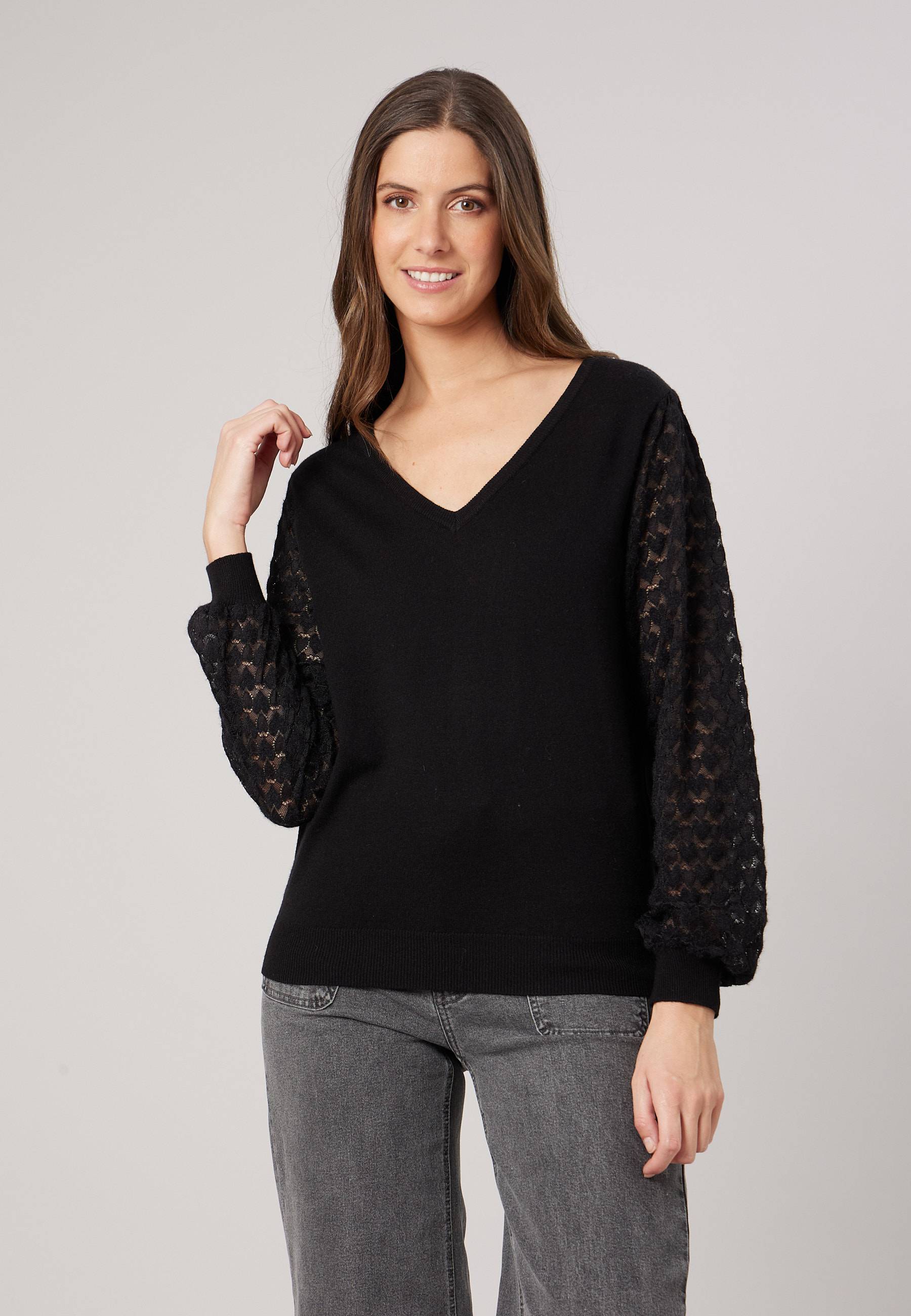 Pull femme col v manches ajourées AUDRINE, DEELUXE