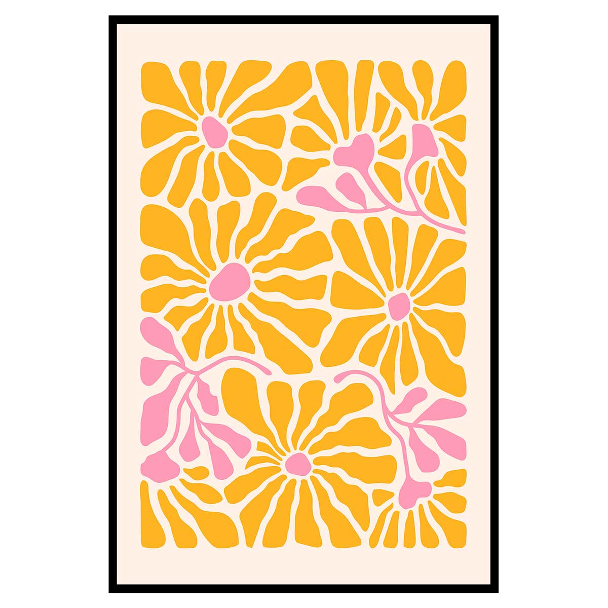 Affiche encadrée fleurs jaunes et roses stylisées, HEXOA