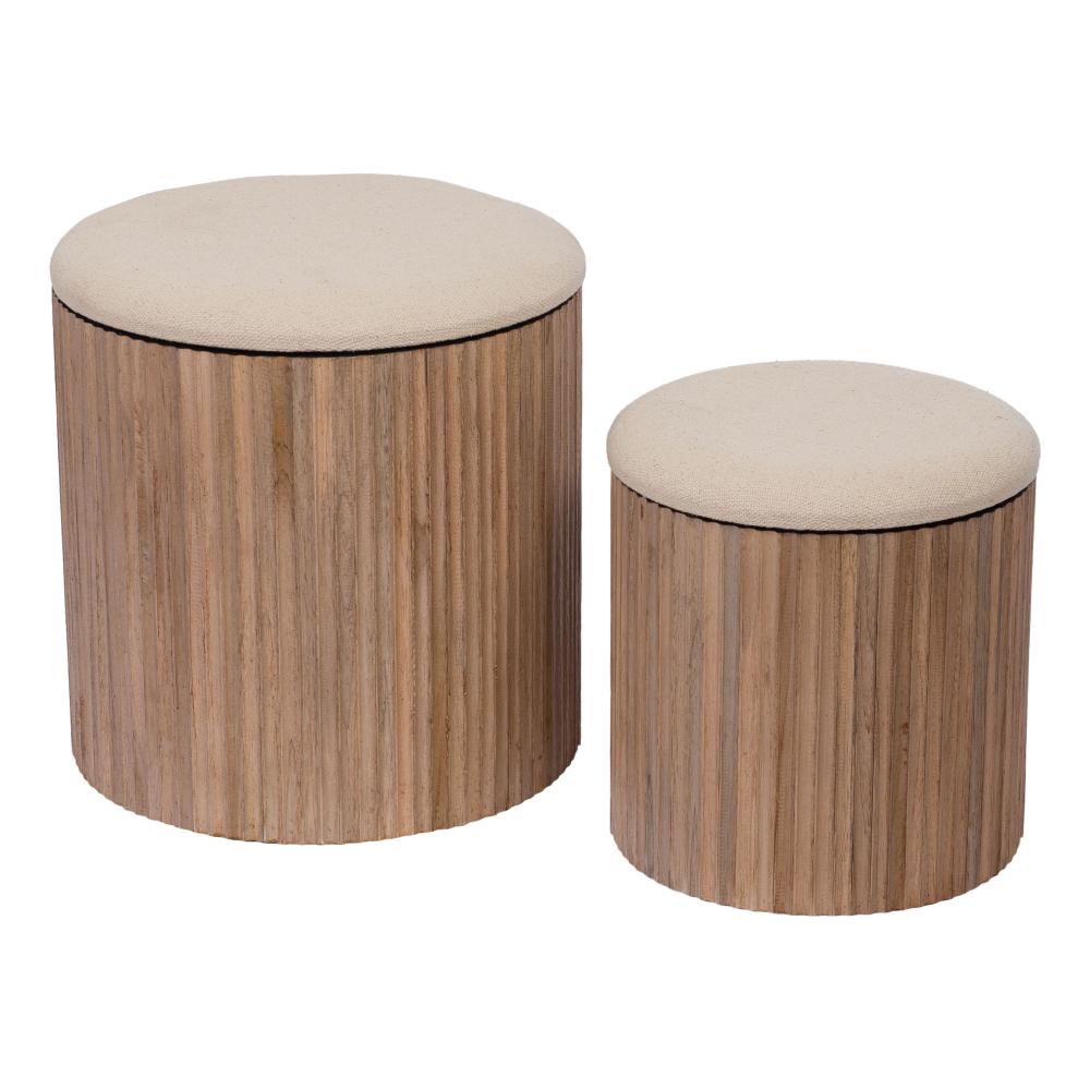 Lot de 2 tabourets ronds en teck et tissu camel Ø35 cm, AMADEUS