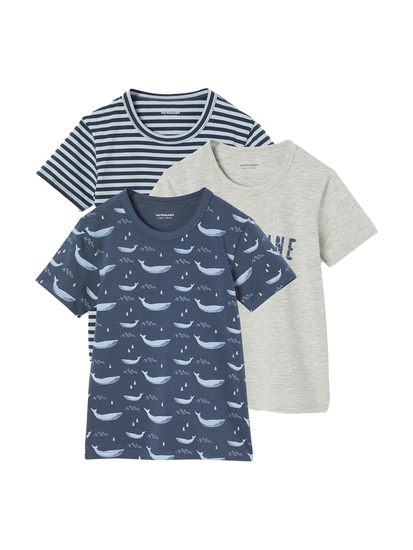 Lot de 3 t-shirts "Baleine" manches courtes, VERTBAUDET
