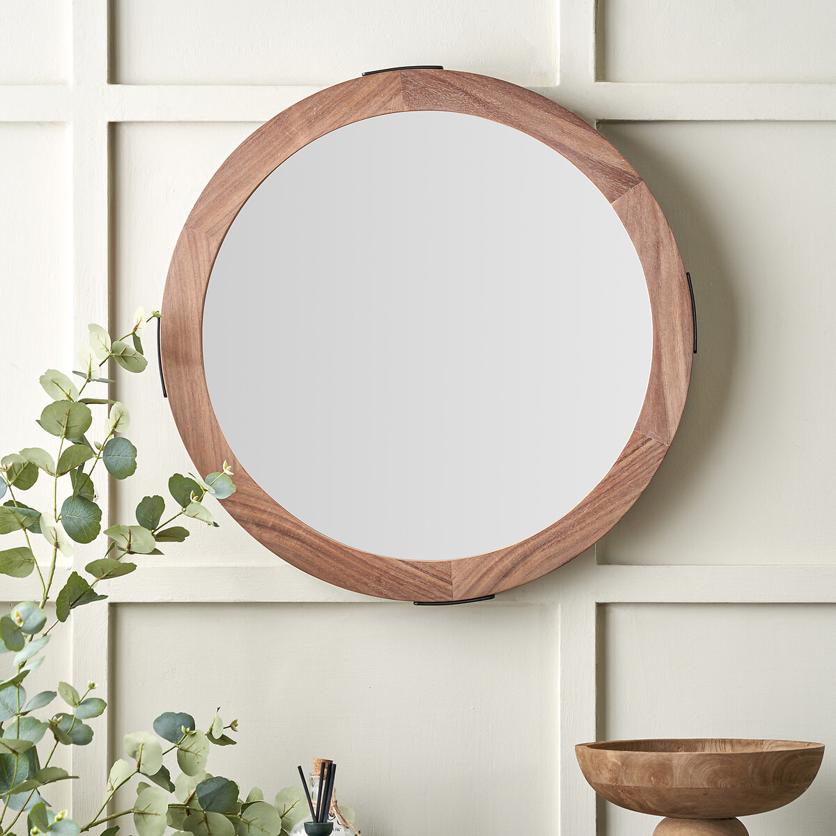 65cm Verwood Round Light Walnut Wood Veneer Wall Mirror, ÉDITÉ