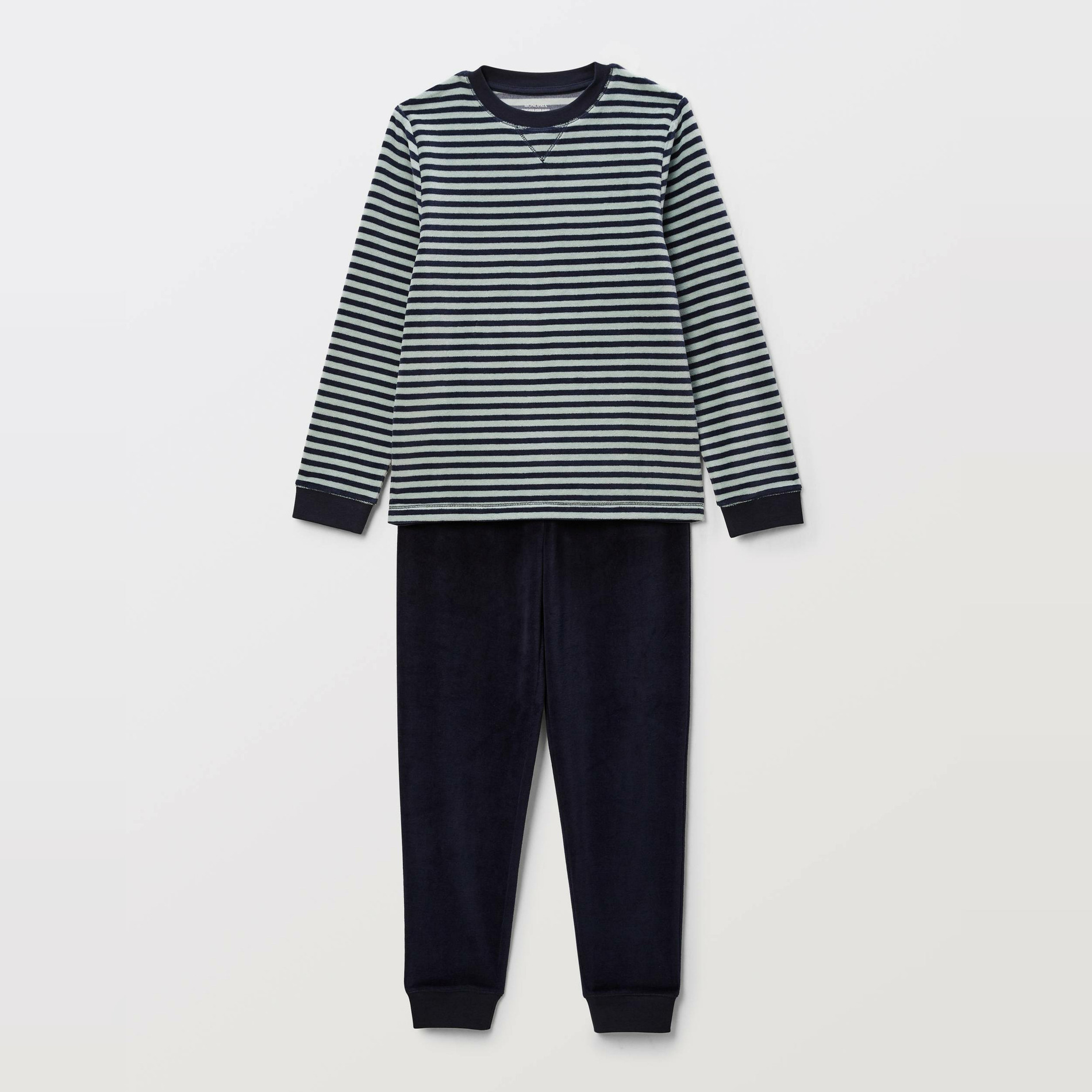 Pyjama velours manches longues marinière contient du coton BIO GOTS, MONOPRIX