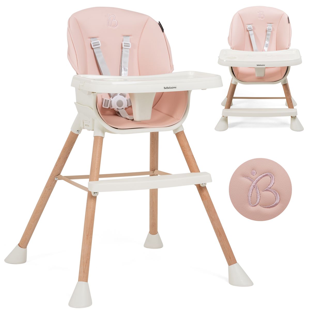 Bebelissimo - chaise haute bébé 5 en 1 - evolutive - réglable - bois de  hêtre - pvc cuir - rose - bz -511 - new design Lorelli