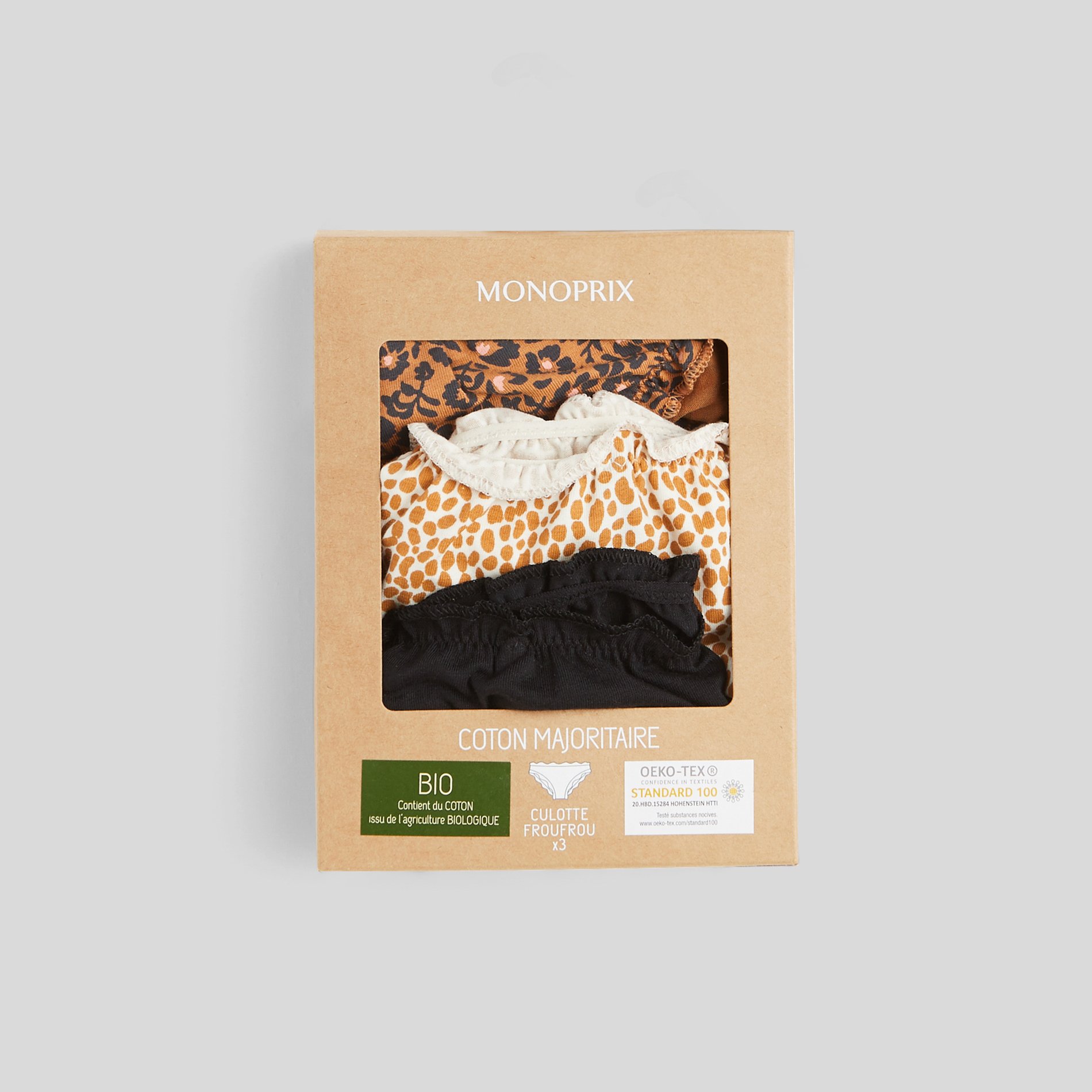 Lot de 3 culottes froufrou JULIE en coton BIO imprimé, certifié OEKO-TEX, MONOPRIX