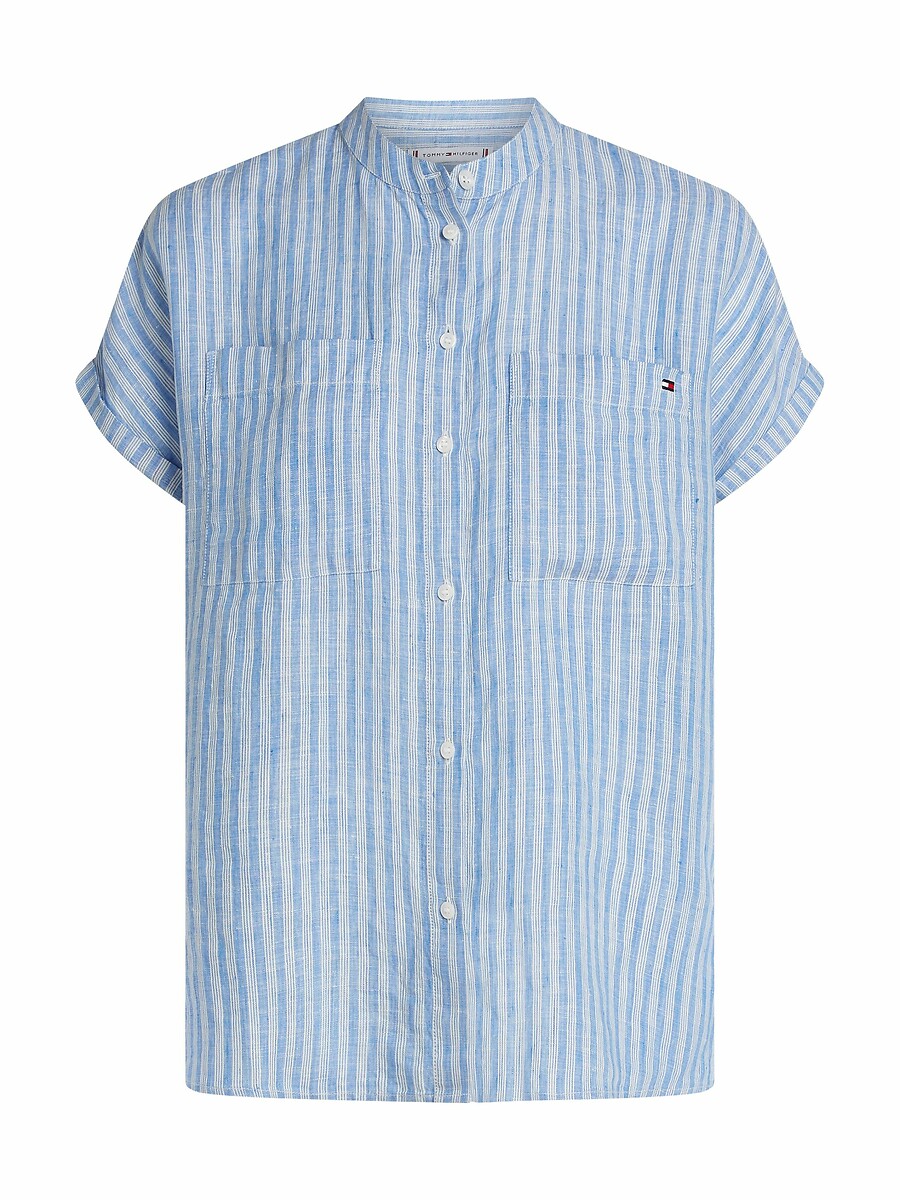 Blusa de lino de manga corta Mujer Talla 36. Color Azul