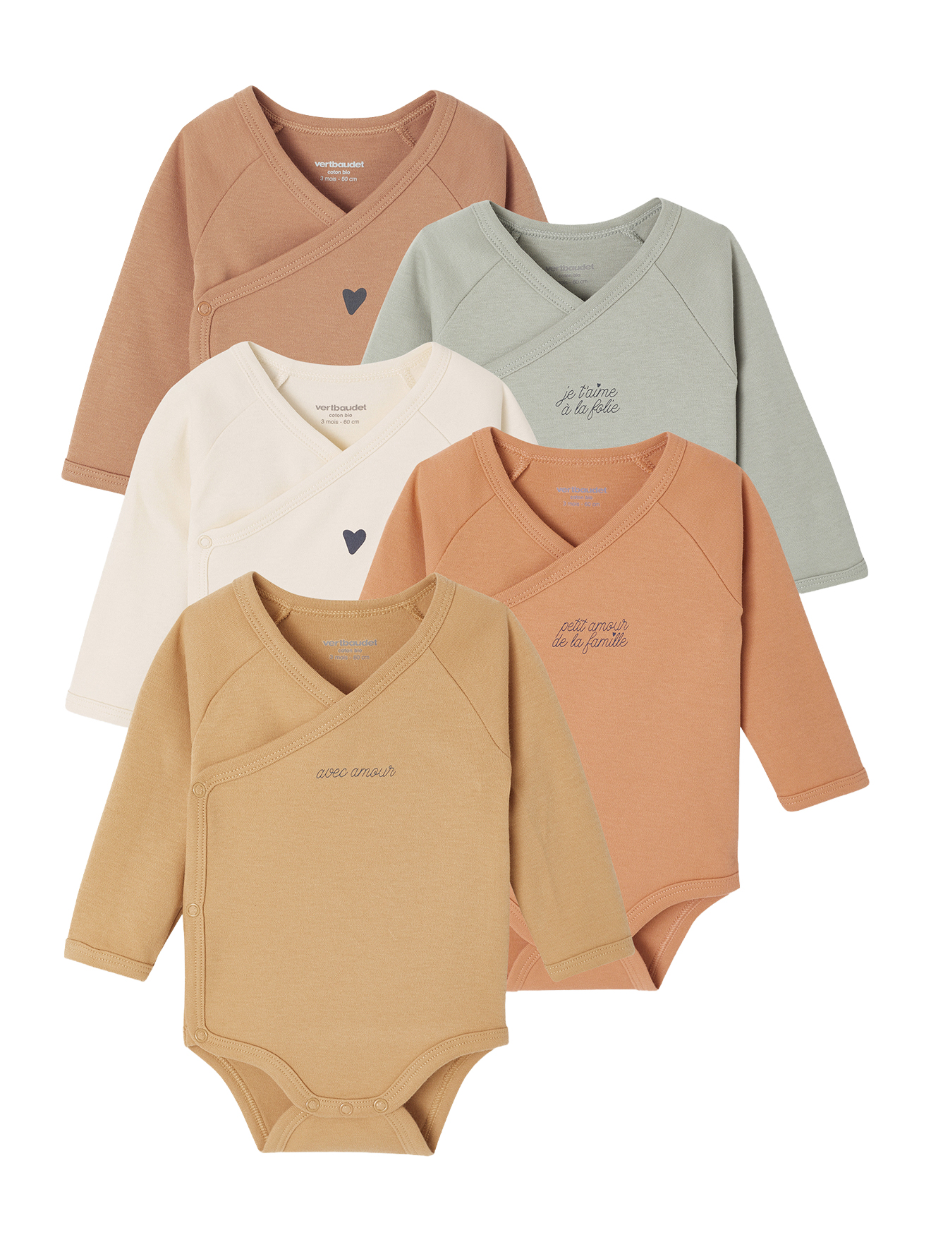 Lot de 5 bodies Basics ouverture naissance, VERTBAUDET
