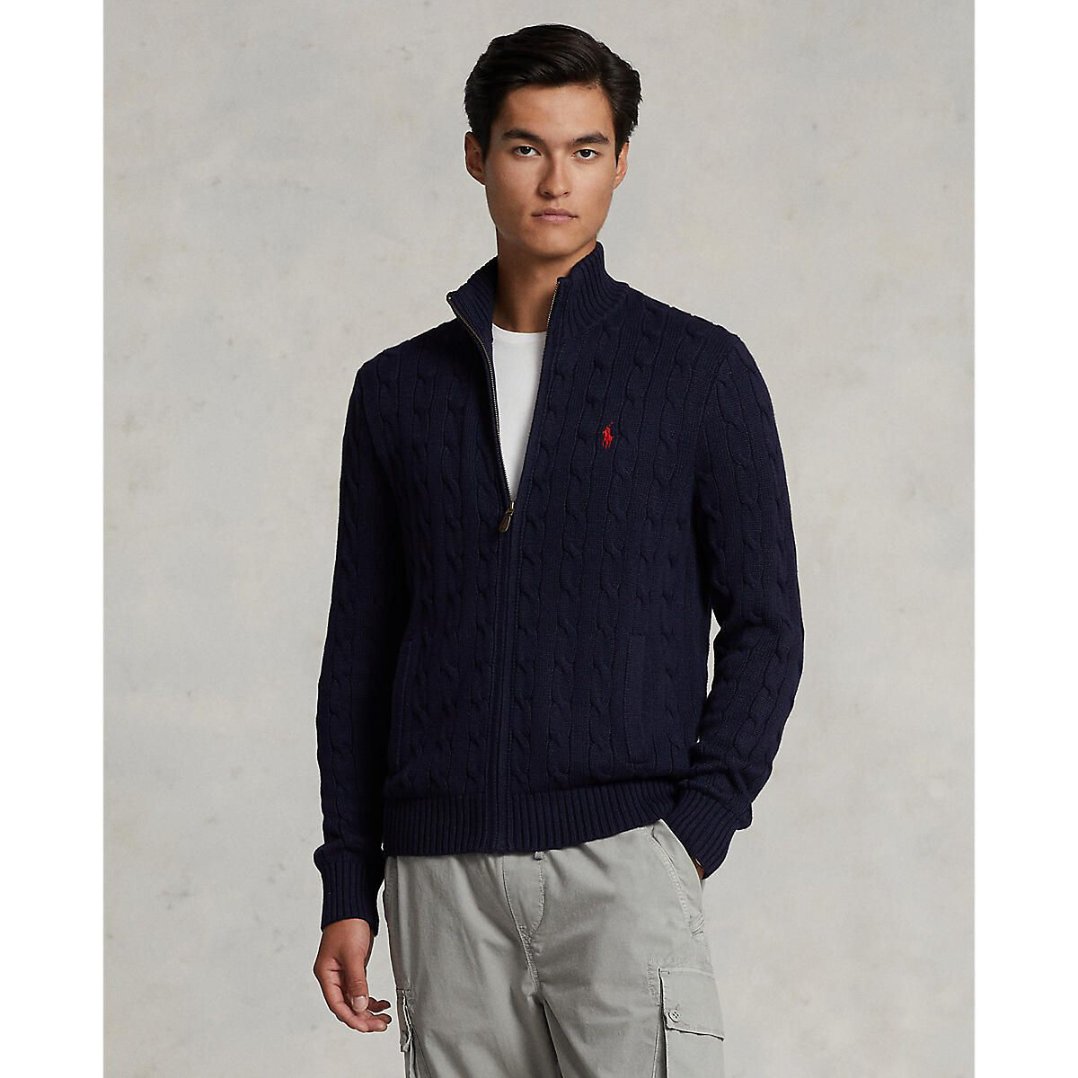 Image of Cotton Cable Knit Cardigan with Zip Fastening and Embroidered Logo