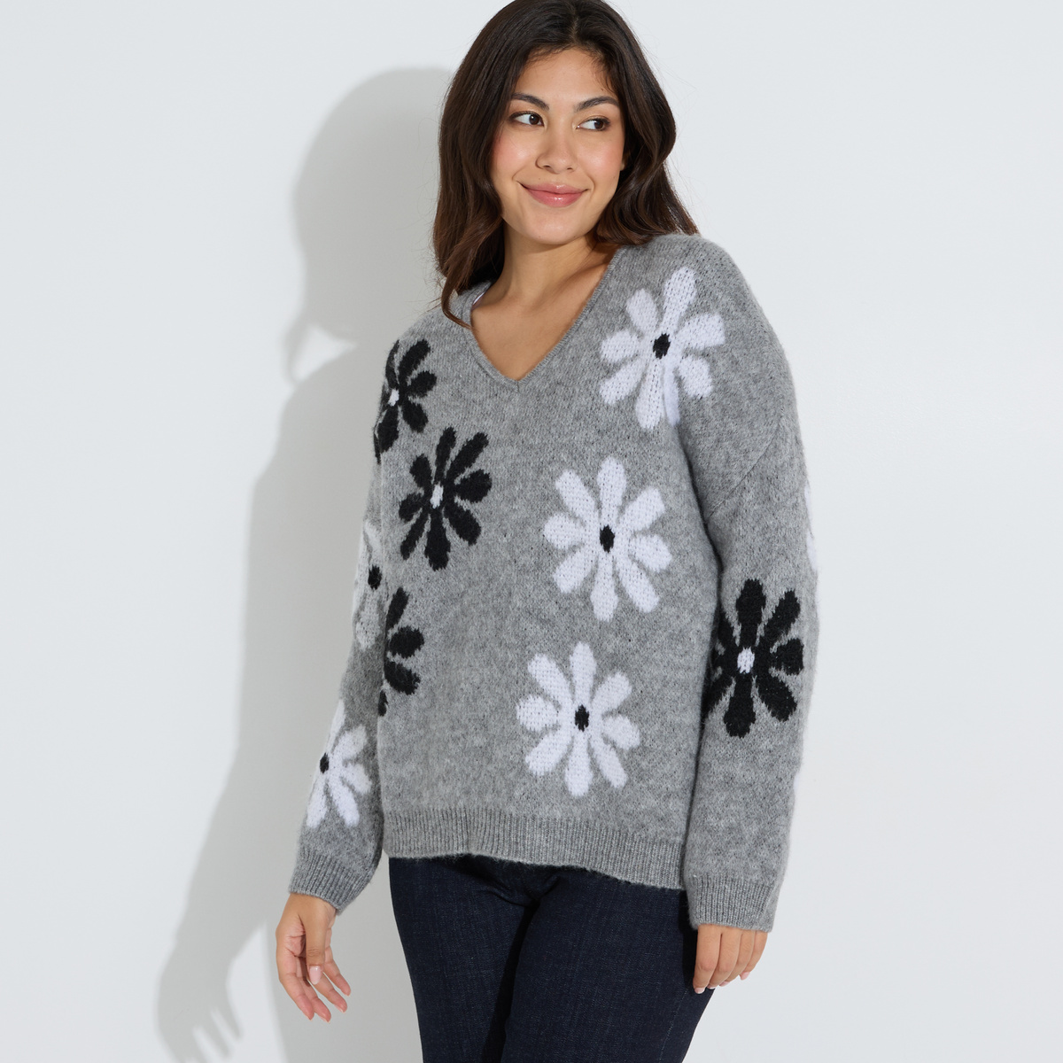 Pull col V jacquard fleuri, GRAIN DE MALICE