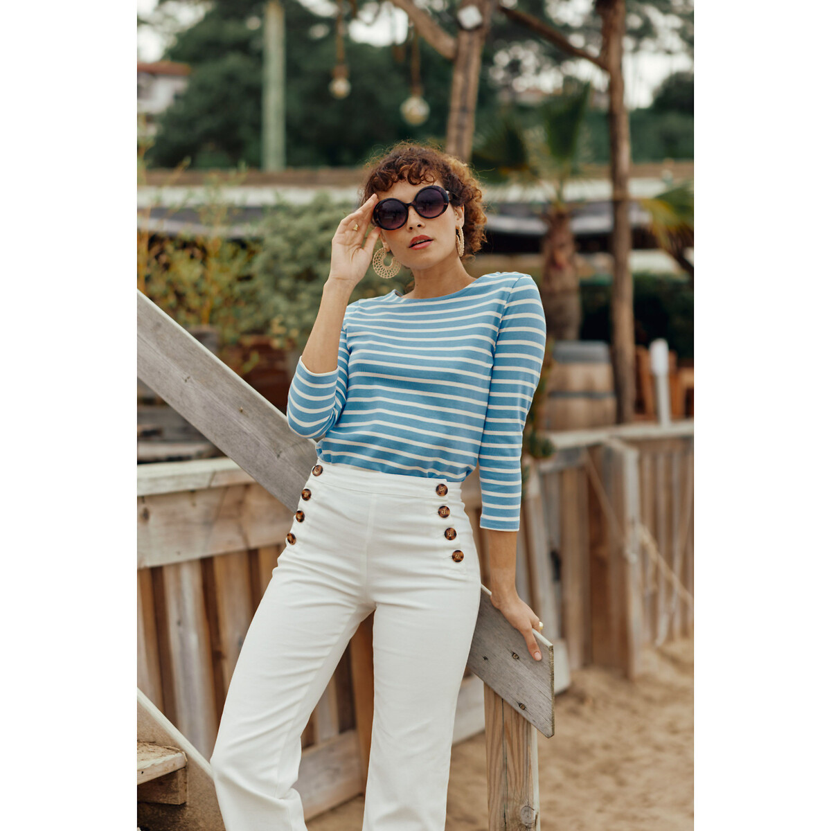 Marjo Breton Striped T-Shirt in Cotton with 3/4 Length Sleeves