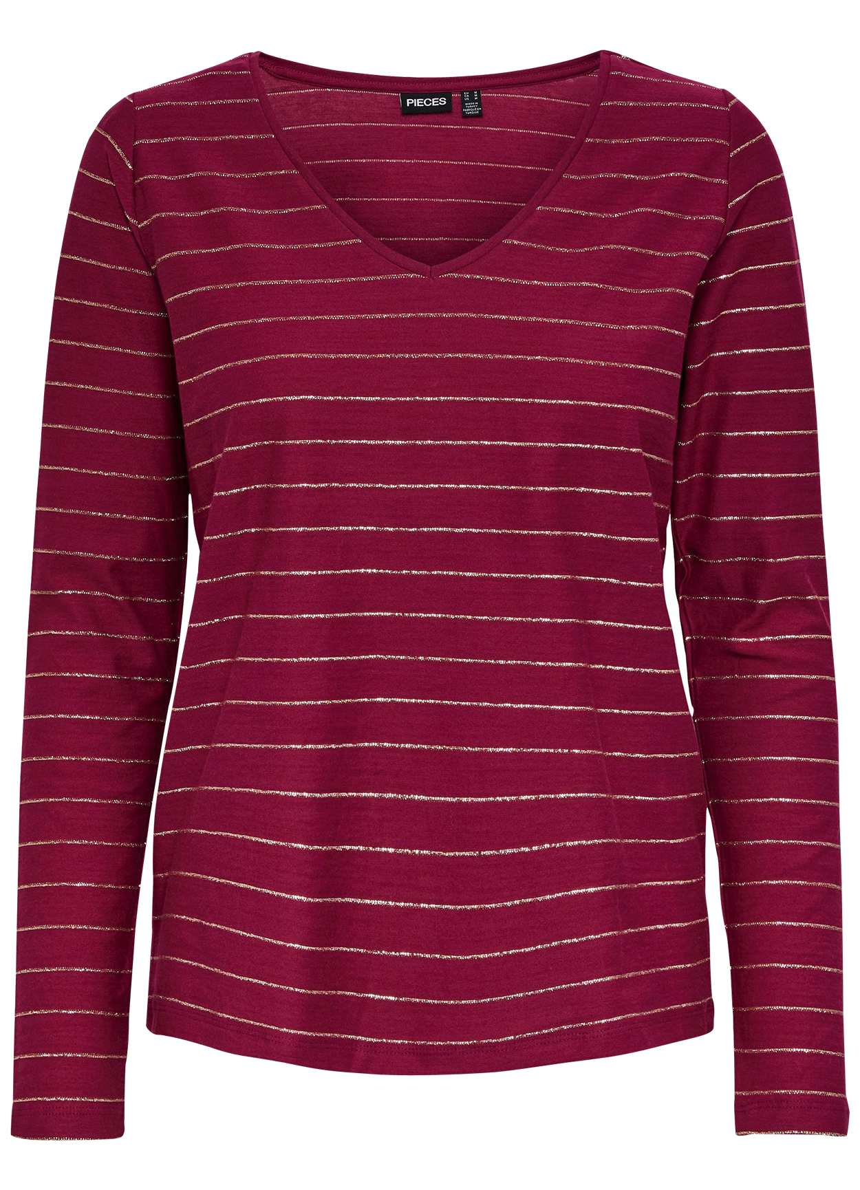 T-shirt col V Pcmilona en coton mélangé framboise à rayures dorées, PIECES