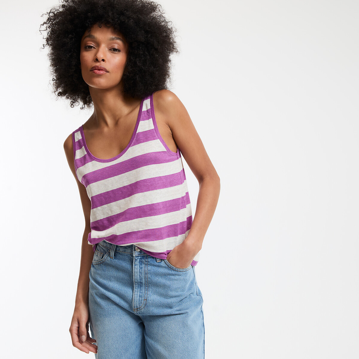 Gestreepte linnen tanktop, ronde hals