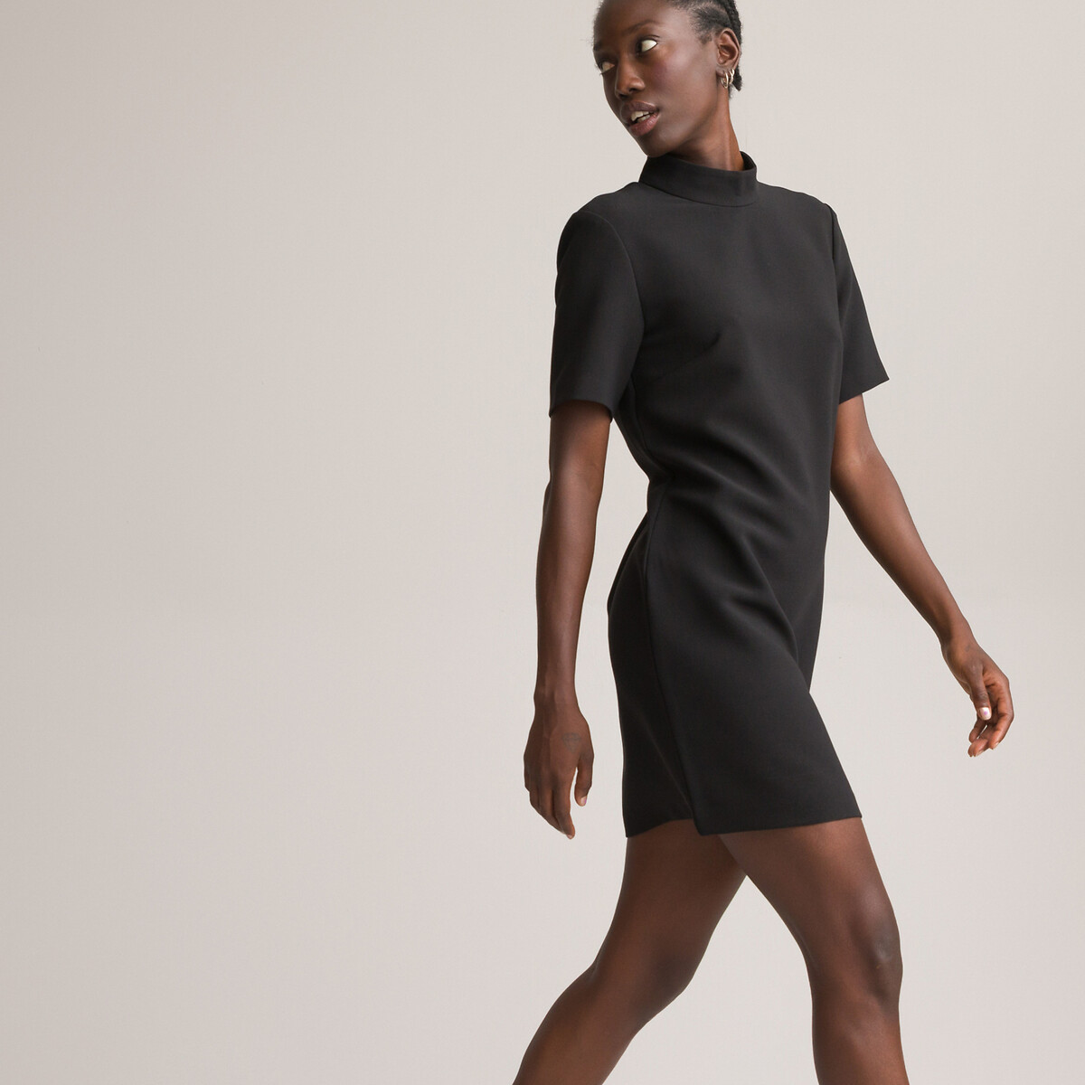 Recycled mini shift dress with cutout back and high neck La