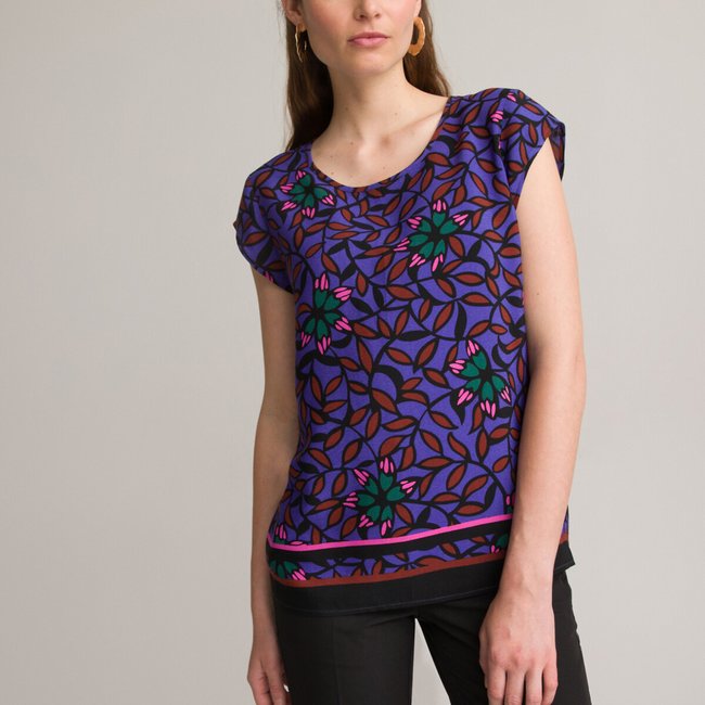 Printed Crew Neck Blouse with Short Sleeves, purple floral print, ANNE WEYBURN