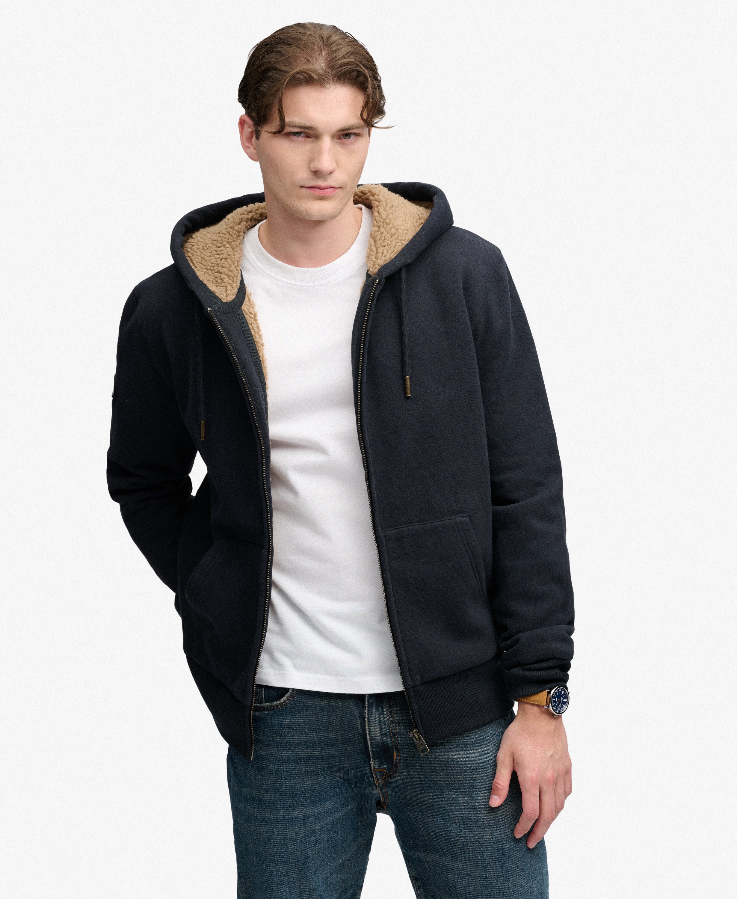 Sweat à capuche zippé doublé en Borg, SUPERDRY