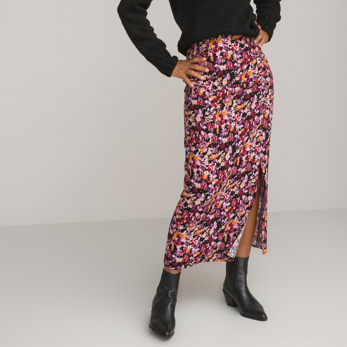 Floral ruched midaxi skirt, print/black background, La Redoute ...