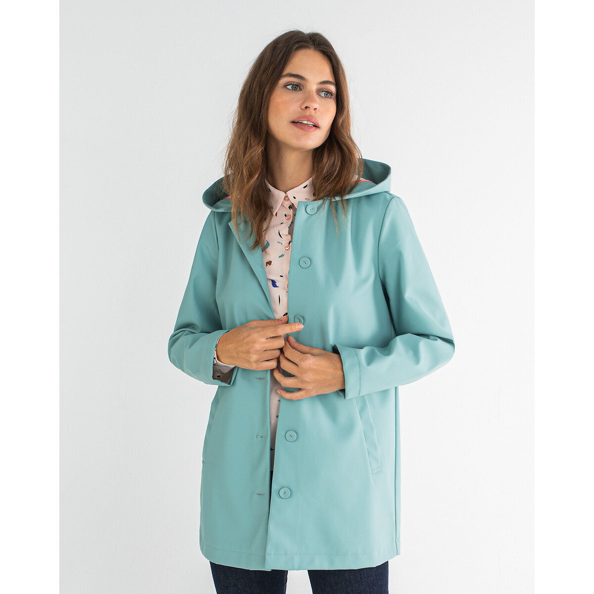 Short buttoned hooded parka, blue/green, Icode | La Redoute