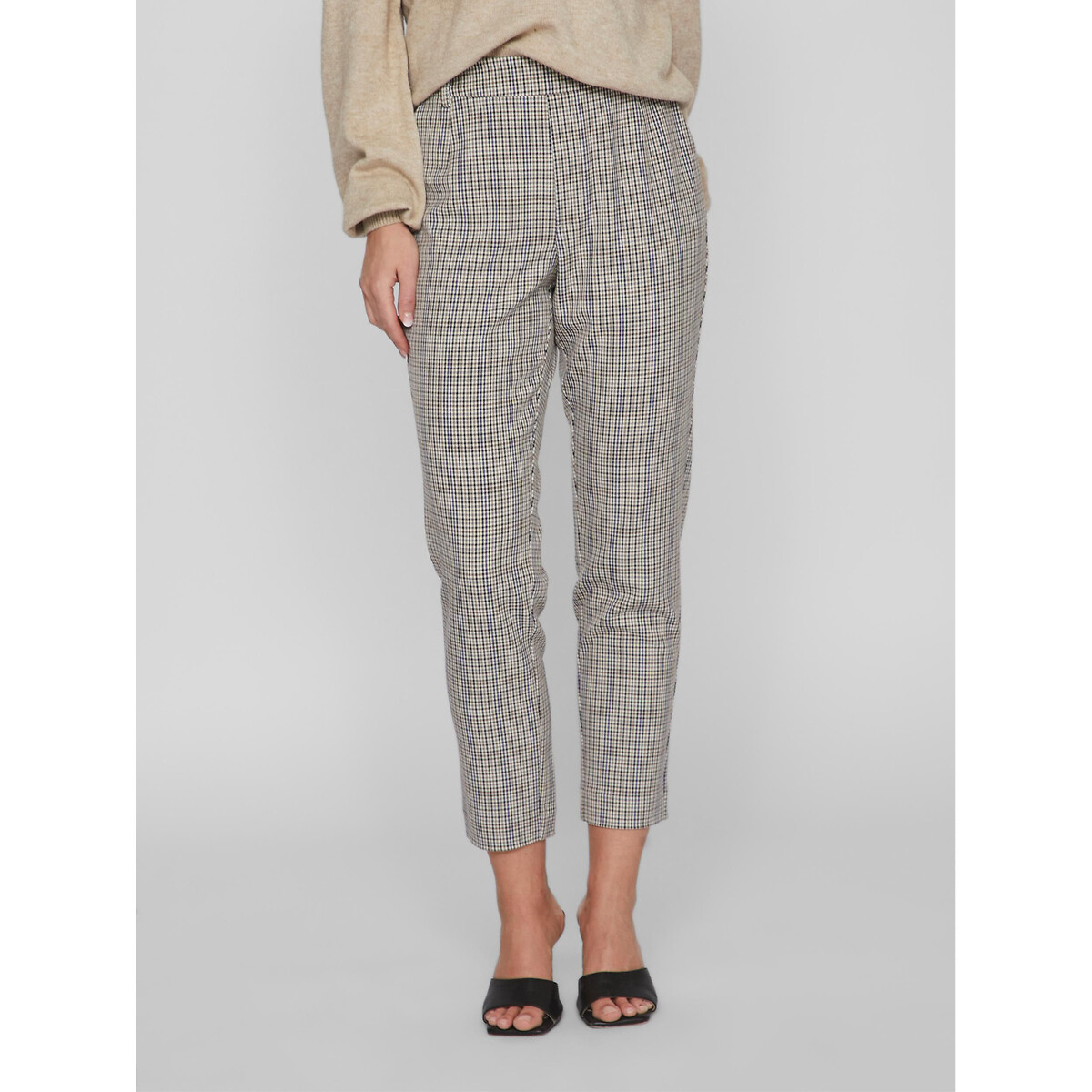 Image of Checked Slim Fit Trousers with High Waist
