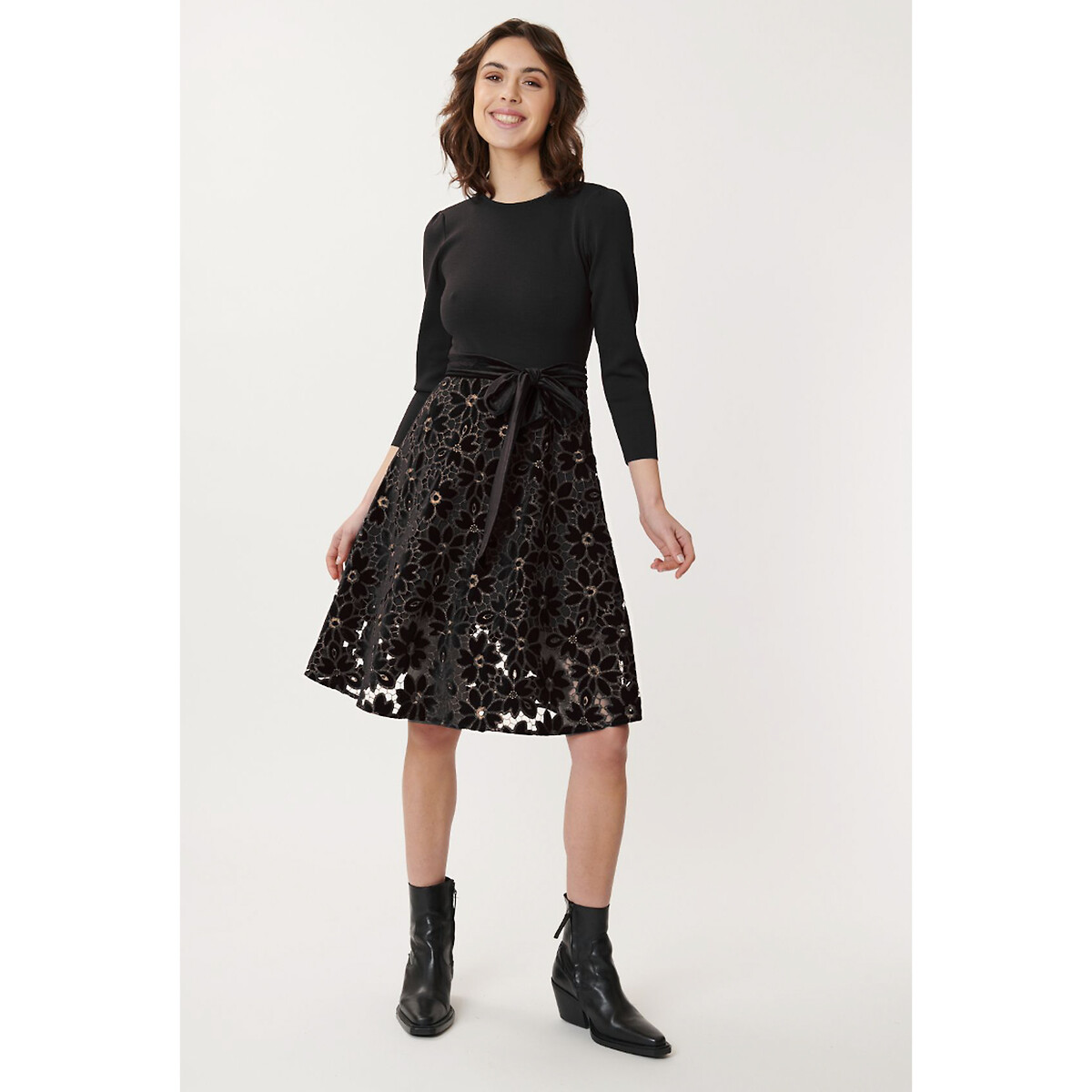 Damgan Jersey/Velvet Dress with Embroidered, Openwork Skirt