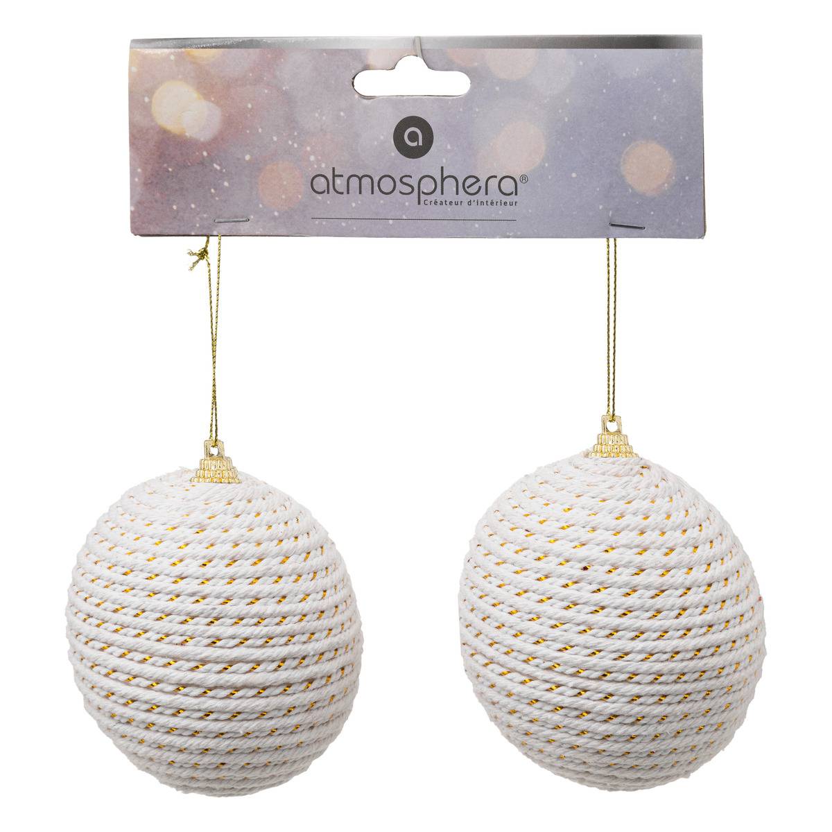 Lot de 2 boules de Noël corde blanc et or D. 8 cm, FEERIC LIGHTS & CHRISTMAS