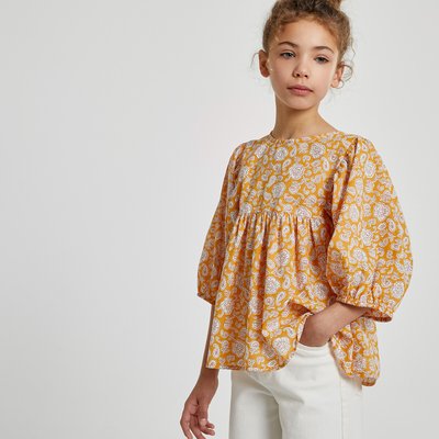 Floral Print Cotton Blouse with 3/4 Length Puff Sleeves LA REDOUTE COLLECTIONS