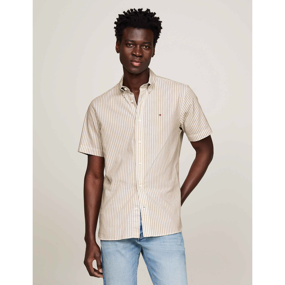Image of Striped Shirt in Cotton/Linen Mix with Short Sleeves