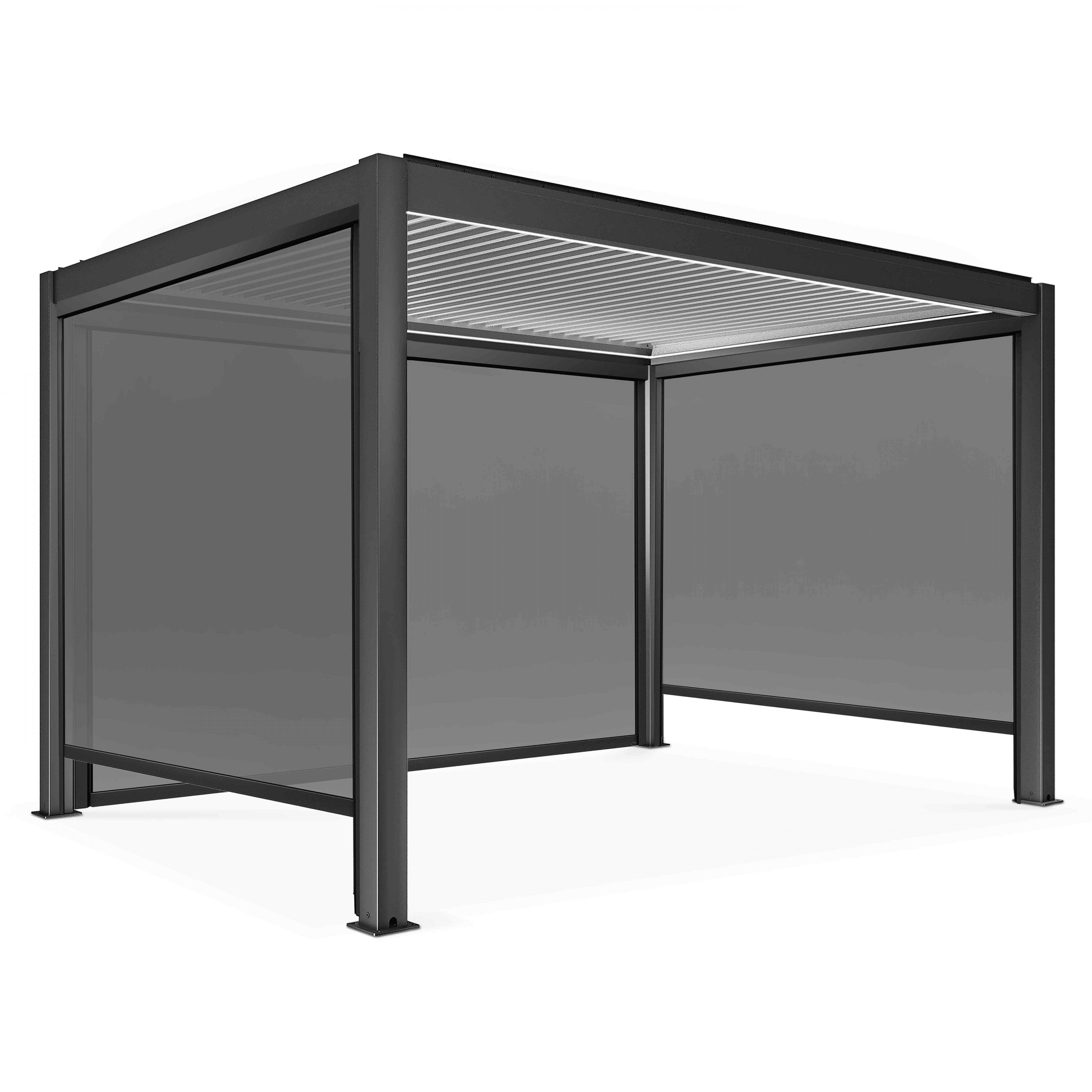 Pergola bioclimatique autoportée motorisée éclairée 3x4m et 3 stores, OVIALA