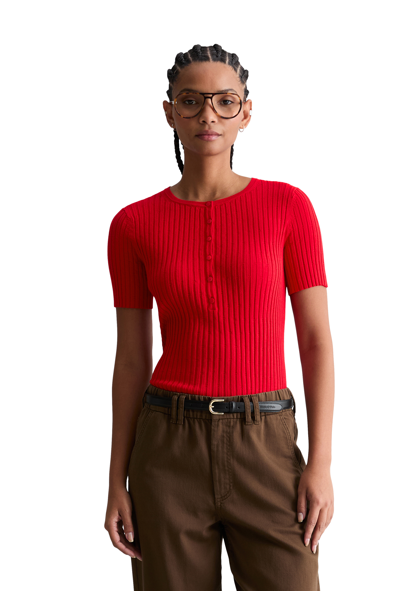 Pull à manches courtes en maille fine slim en LENZING™ ECOVERO™, MARC O’POLO DENIM