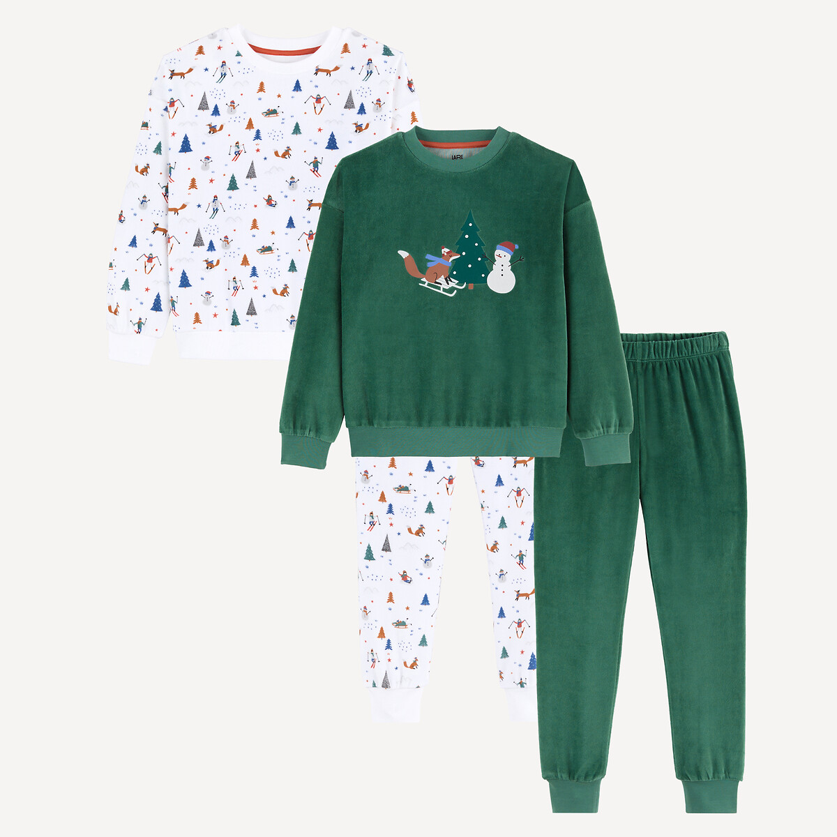 Lot de 2 pyjamas, velours, imprimé sapins, bonhommes de neige, renards, skieurs, LA REDOUTE COLLECTIONS
