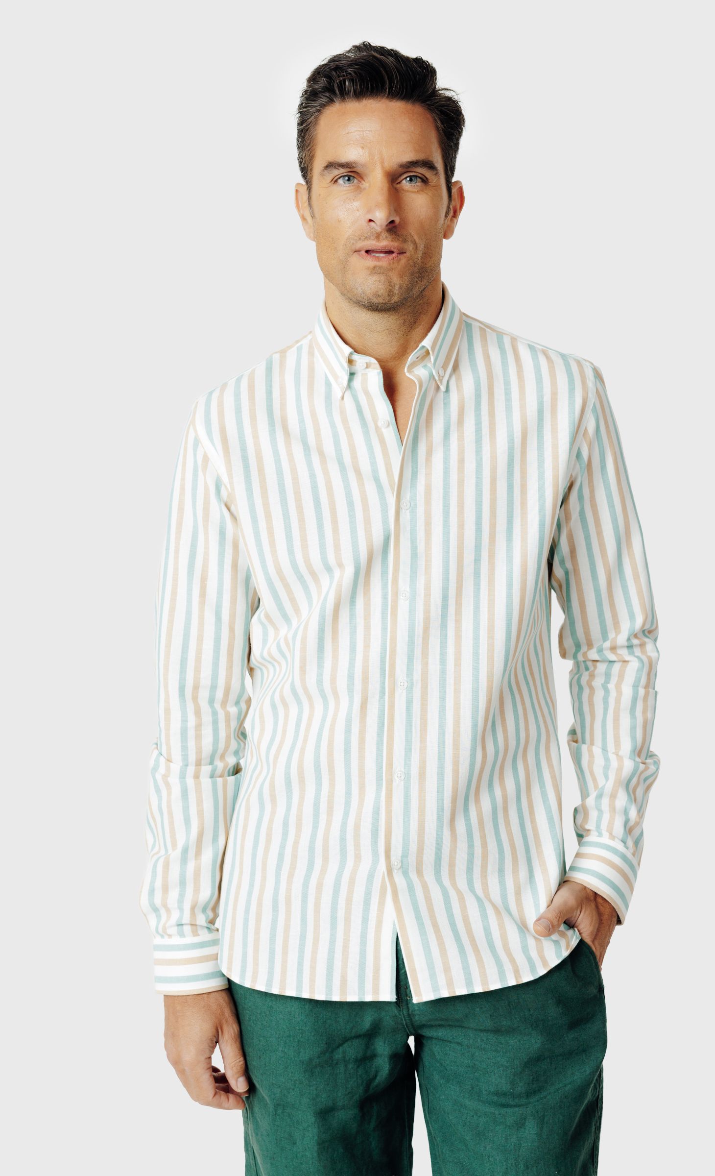 Chemise Slim fit col boutonné en coton lin à rayures vert, ACROSS